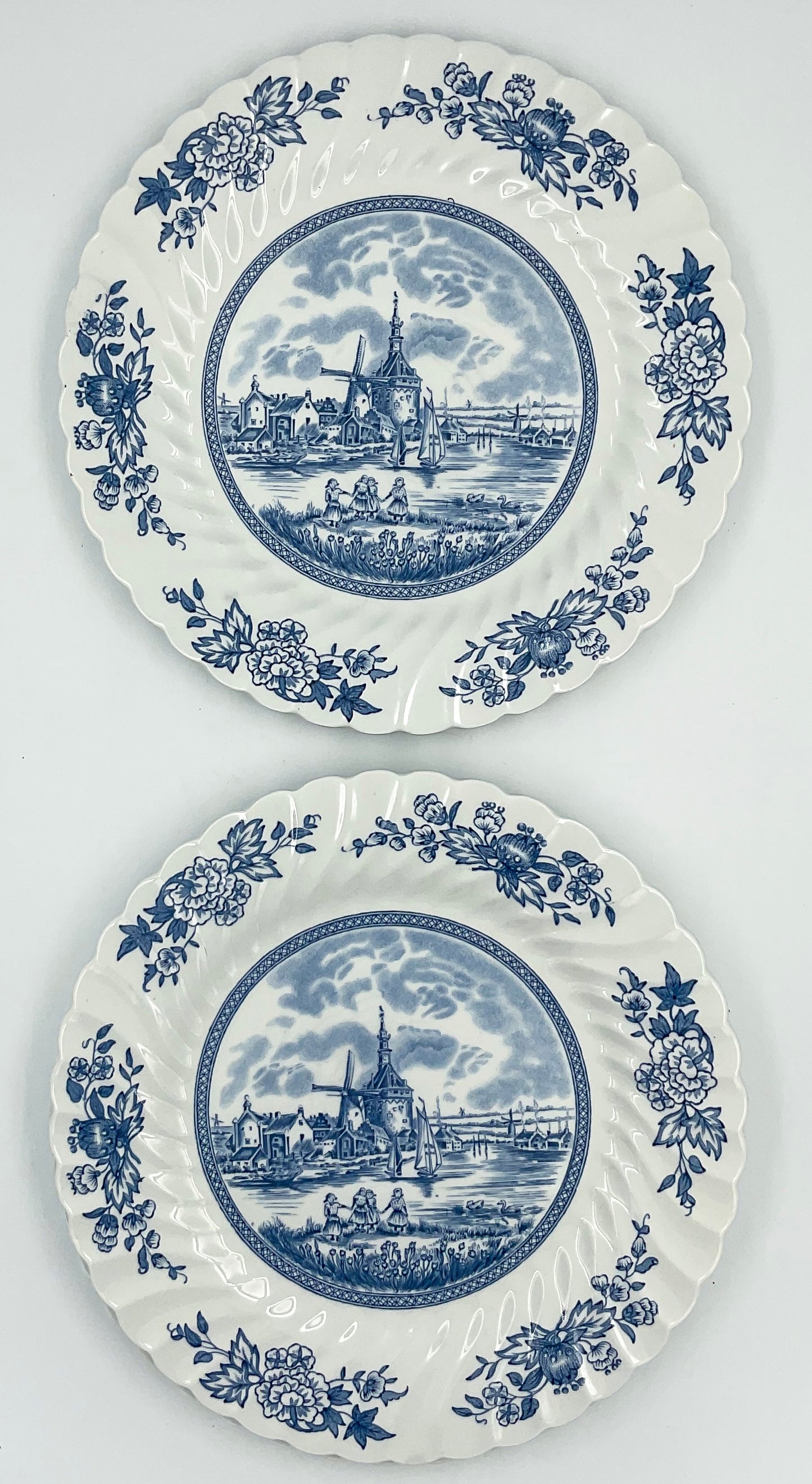 Set of 5 Johnson Bros Tulip Time Dinner Plates | Blue & White English Transferware | Vintage Cottage Farmhouse Tableware