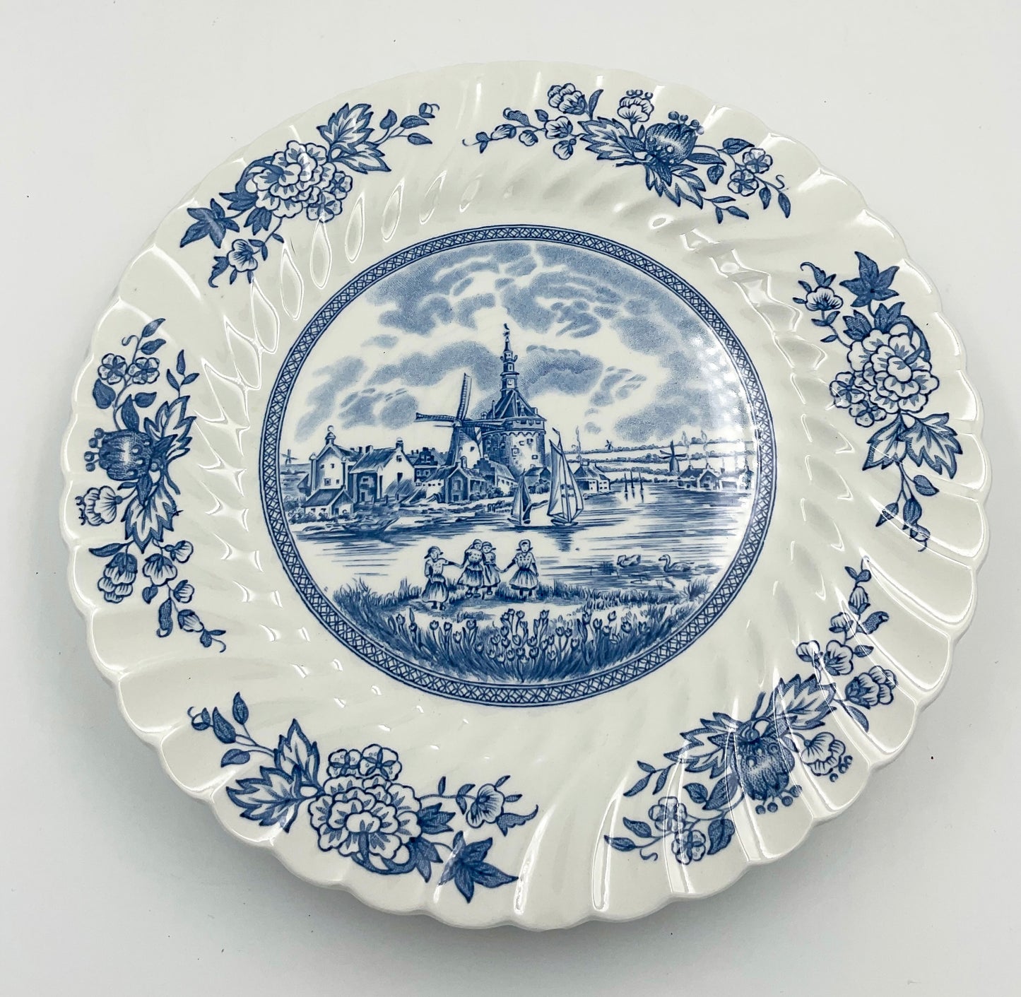 Set of 5 Johnson Bros Tulip Time Dinner Plates | Blue & White English Transferware | Vintage Cottage Farmhouse Tableware