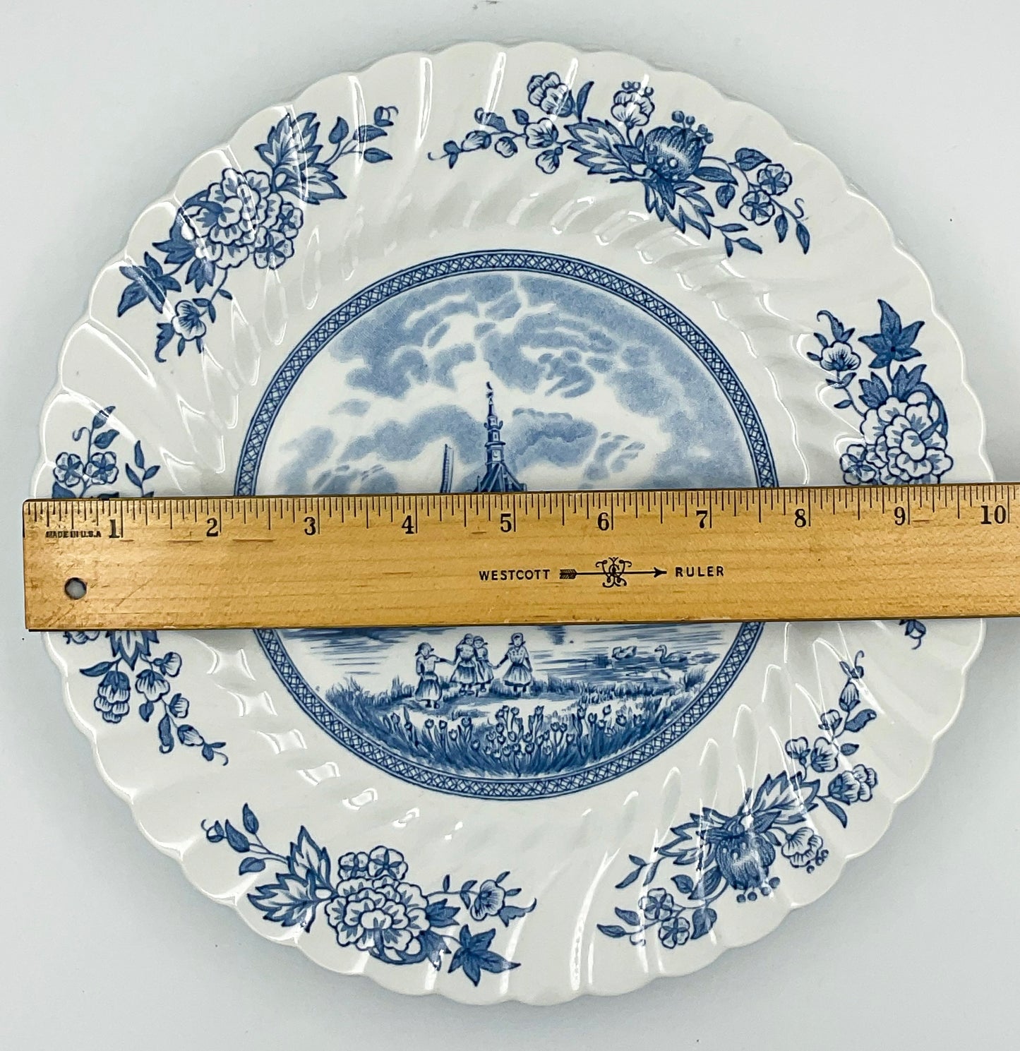 Set of 5 Johnson Bros Tulip Time Dinner Plates | Blue & White English Transferware | Vintage Cottage Farmhouse Tableware