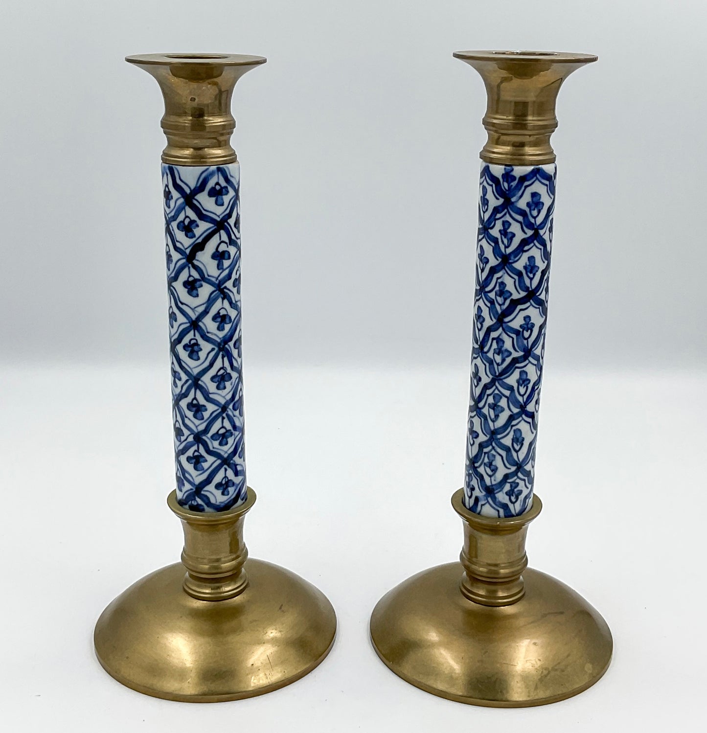 Vintage Brass & Blue and White Porcelain Chinoiserie Candlesticks