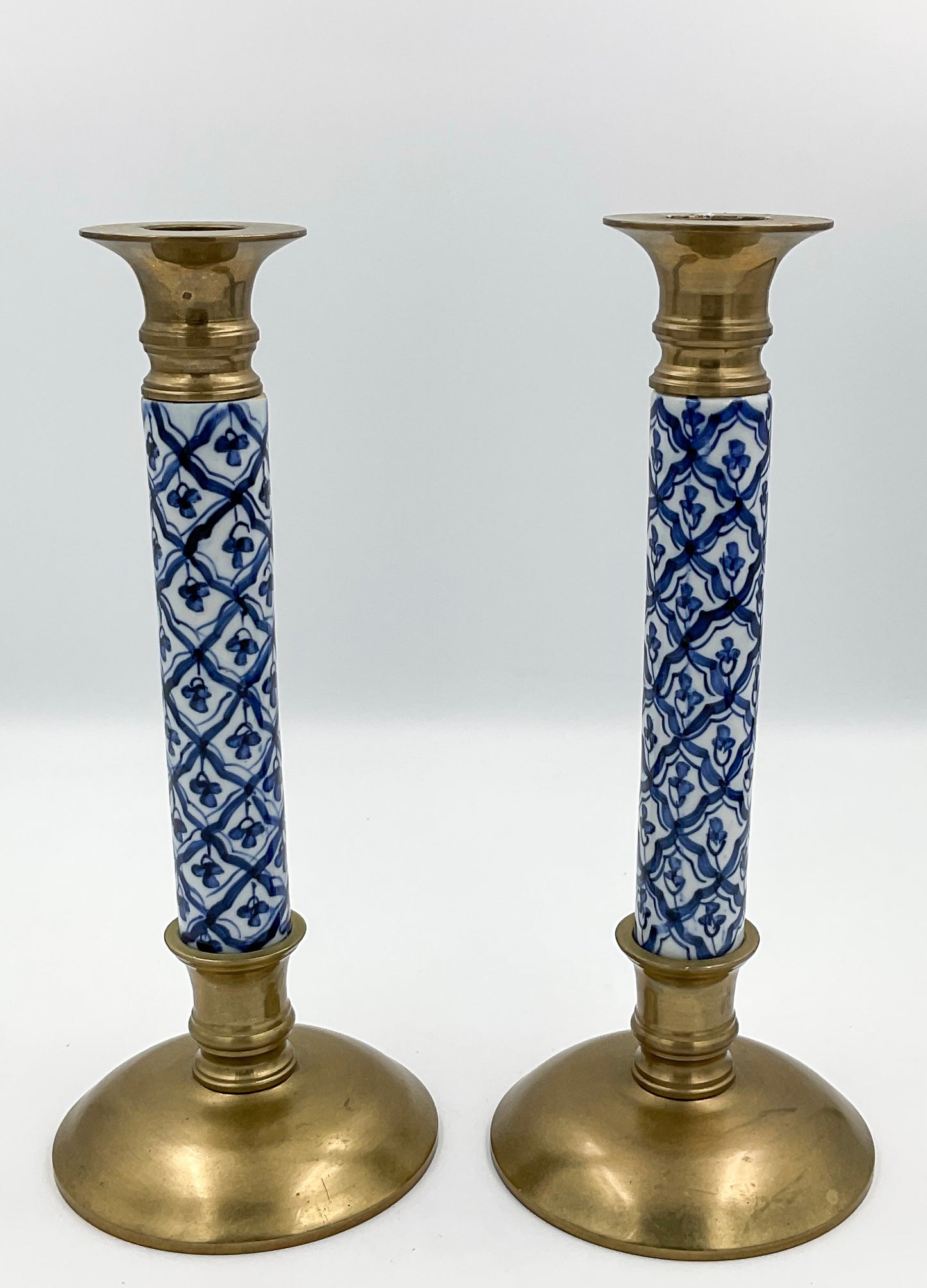 Vintage Brass & Blue and White Porcelain Chinoiserie Candlesticks