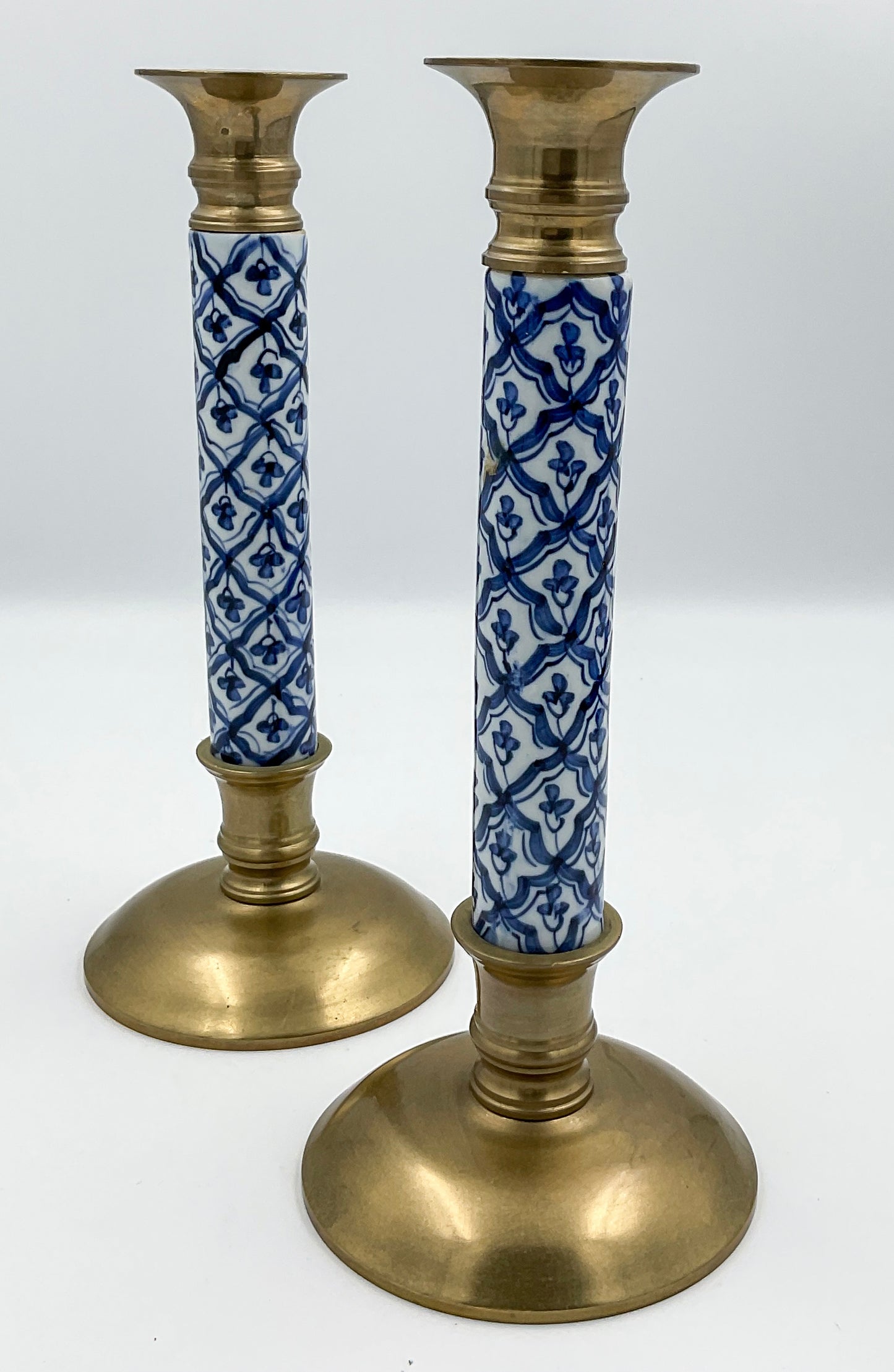 Vintage Brass & Blue and White Porcelain Chinoiserie Candlesticks