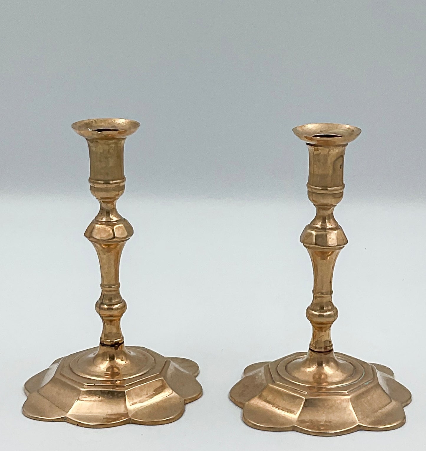 Vintage Berg Brass Candlesticks | Scalloped Floral Base Taper Holders, Set of 2