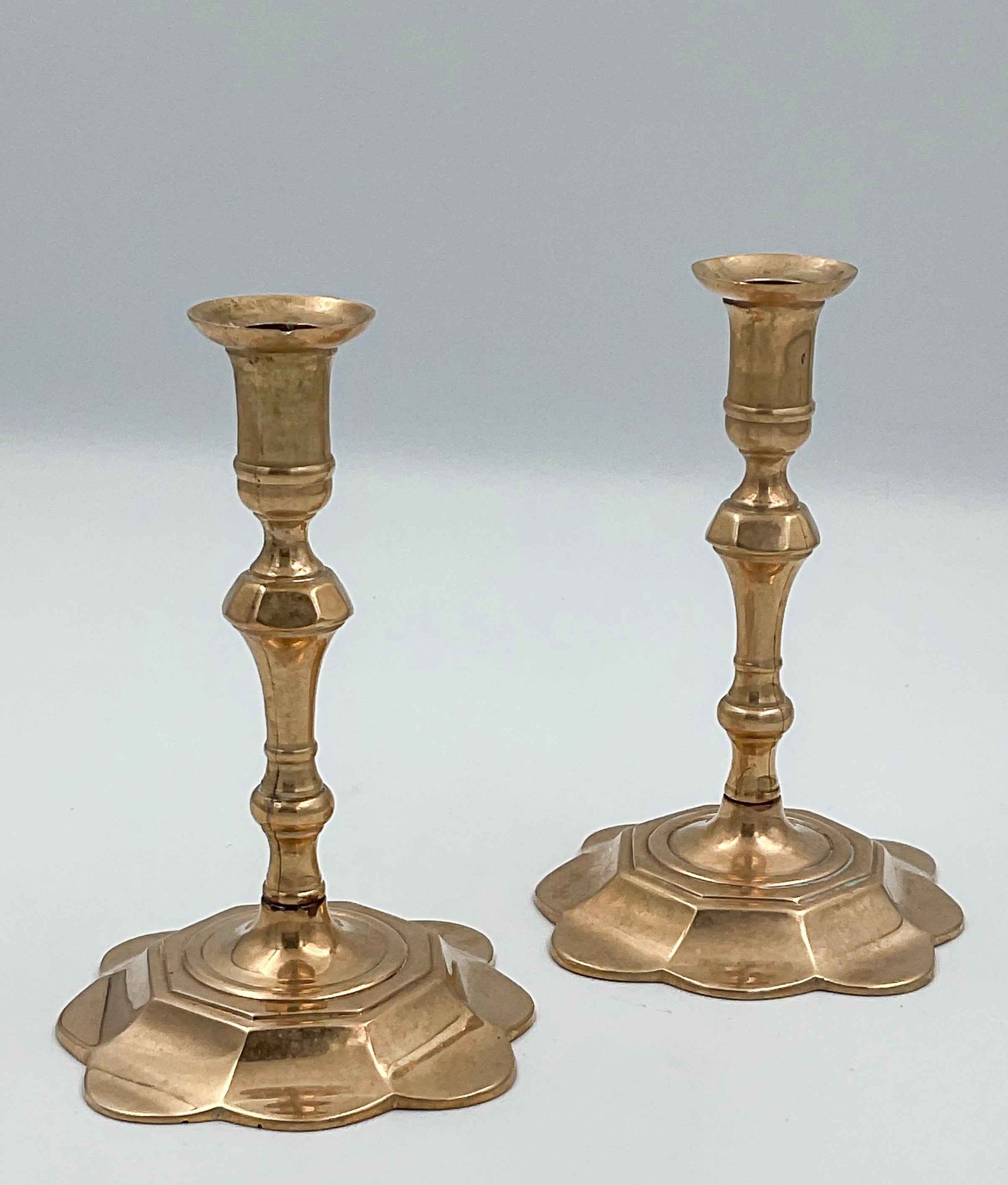 Vintage Berg Brass Candlesticks | Scalloped Floral Base Taper Holders, Set of 2
