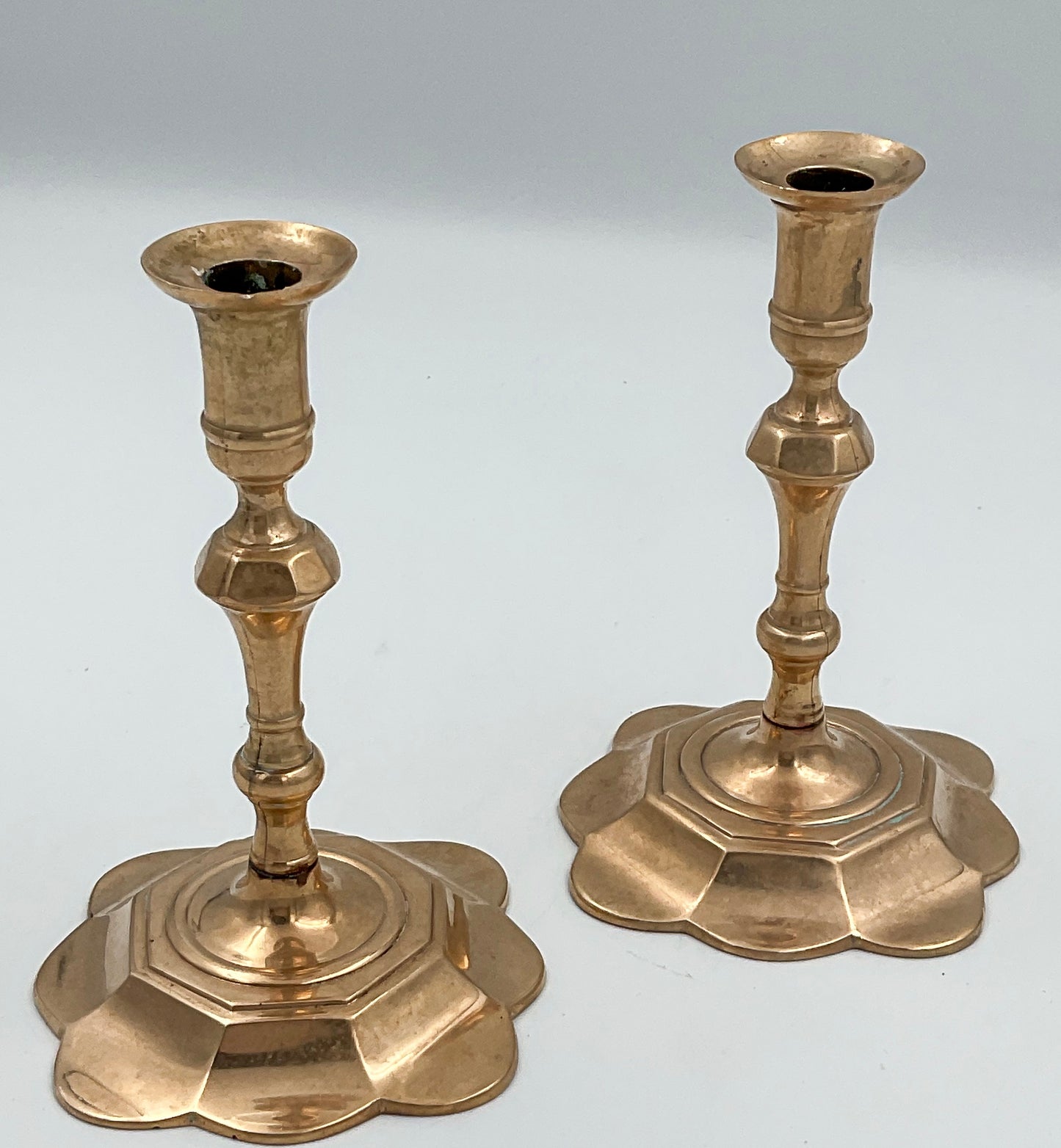 Vintage Berg Brass Candlesticks | Scalloped Floral Base Taper Holders, Set of 2