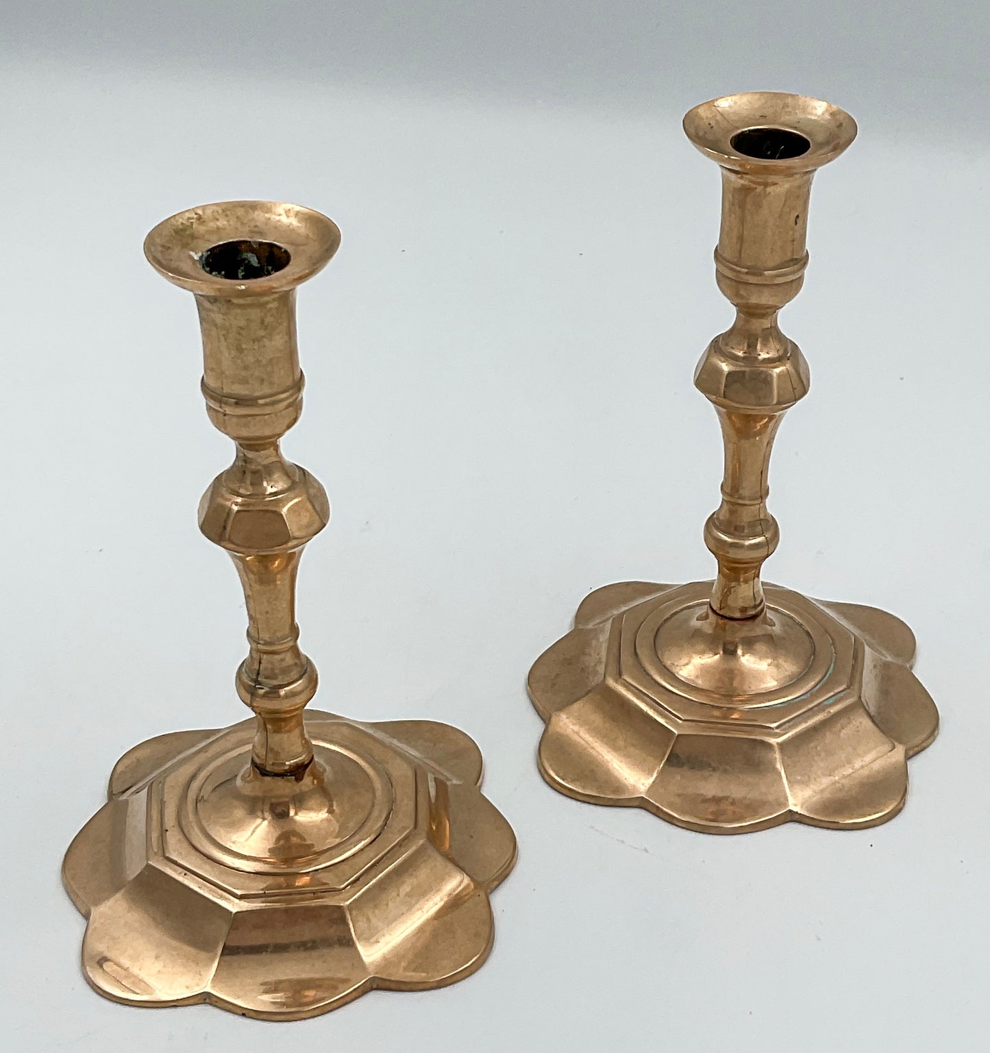 Vintage Berg Brass Candlesticks | Scalloped Floral Base Taper Holders, Set of 2