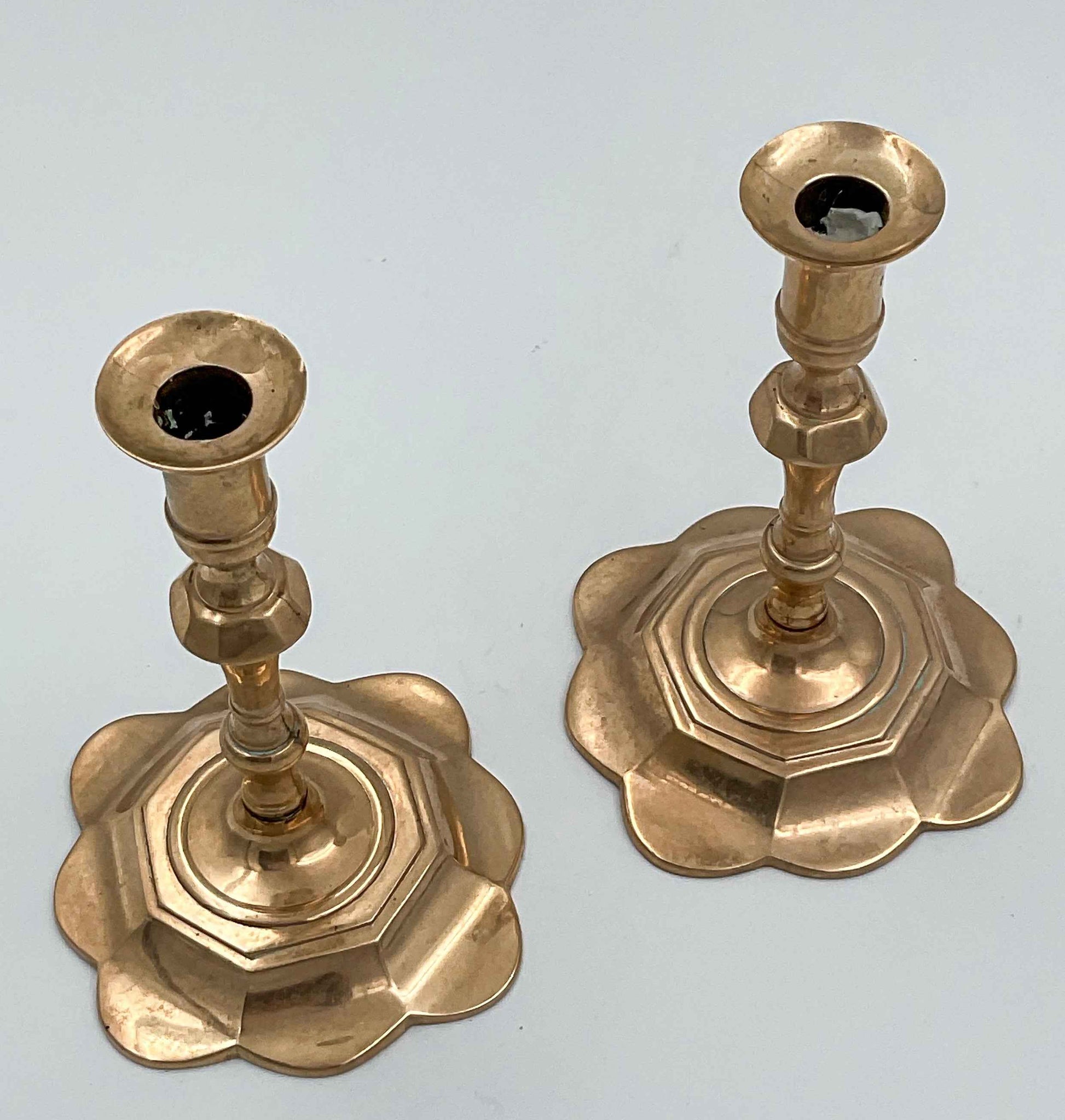 Vintage Berg Brass Candlesticks | Scalloped Floral Base Taper Holders, Set of 2