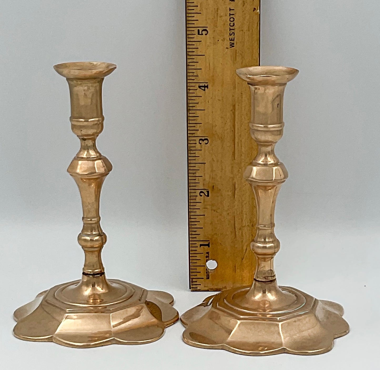 Vintage Berg Brass Candlesticks | Scalloped Floral Base Taper Holders, Set of 2