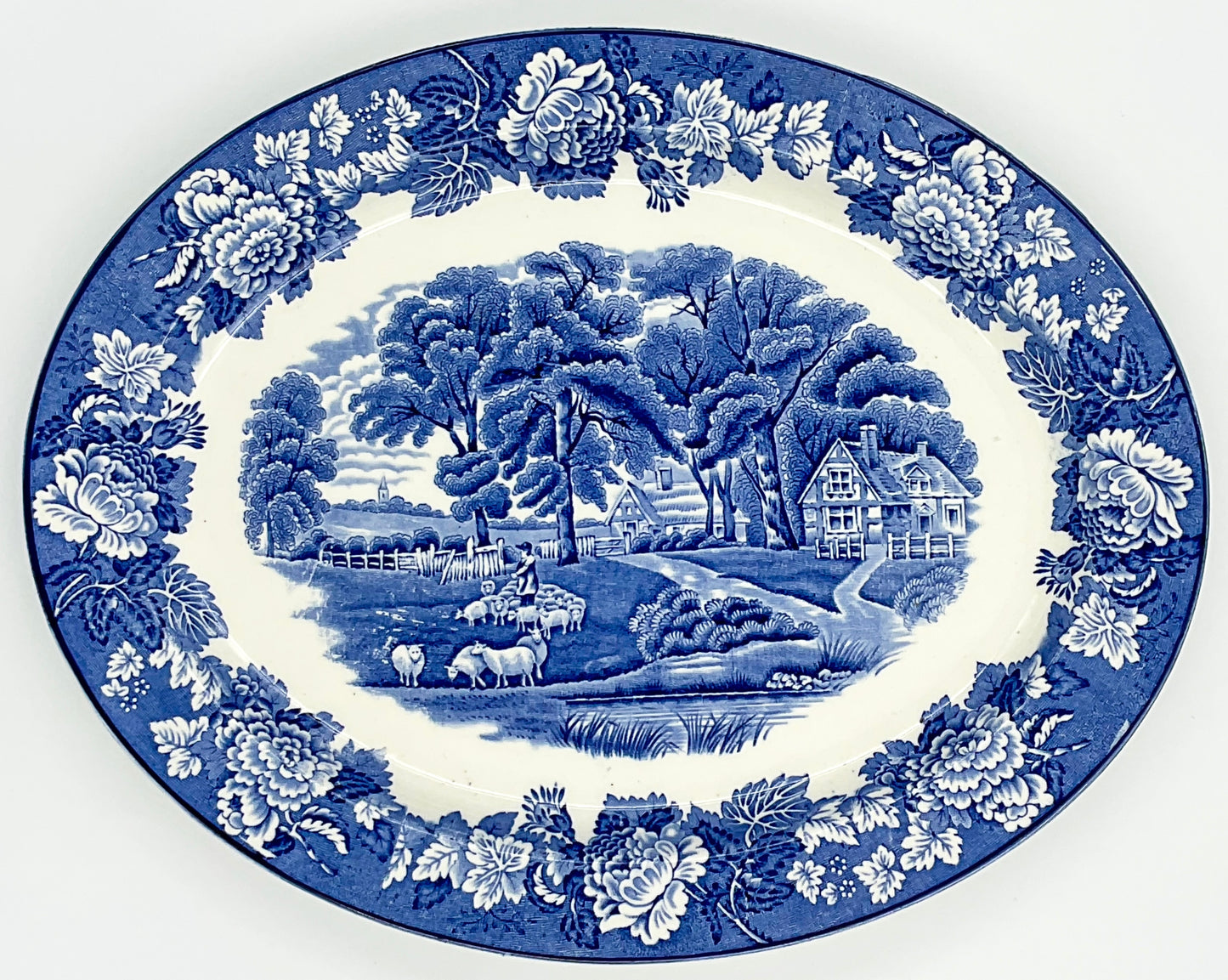 Vintage Enoch Wood English Scenery Blue Transferware Oval Serving Platter | Woods Ware England | 12 Inch