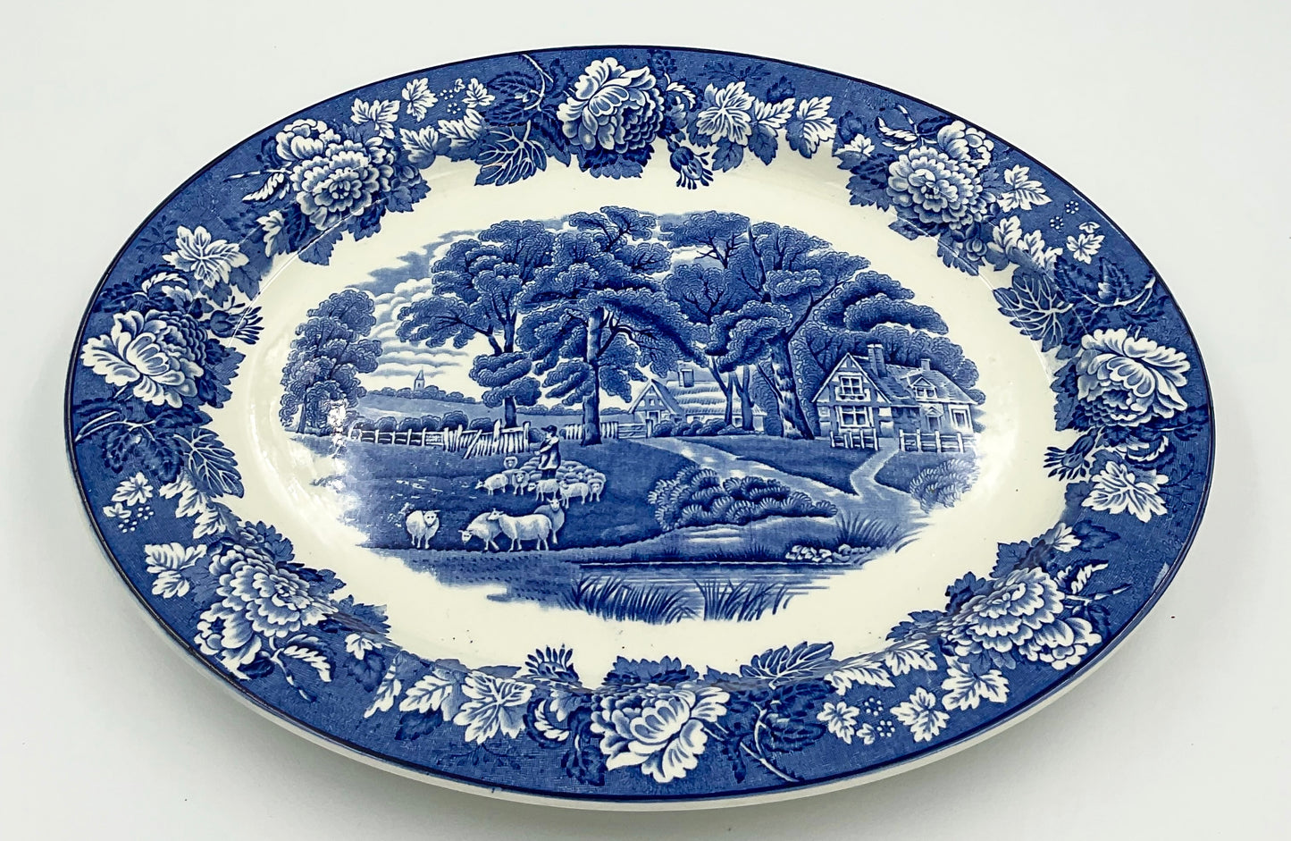 Vintage Enoch Wood English Scenery Blue Transferware Oval Serving Platter | Woods Ware England | 12 Inch