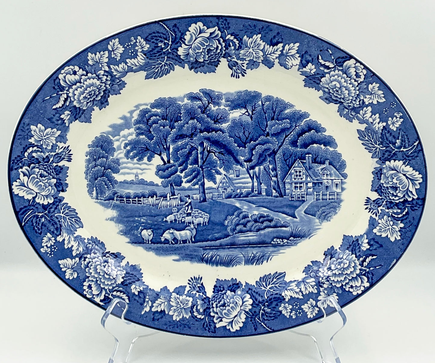Vintage Enoch Wood English Scenery Blue Transferware Oval Serving Platter | Woods Ware England | 12 Inch
