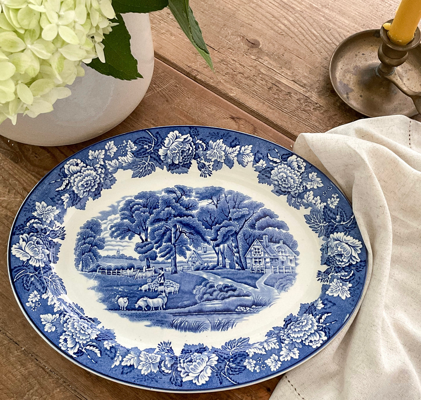 Vintage Enoch Wood English Scenery Blue Transferware Oval Serving Platter | Woods Ware England | 12 Inch