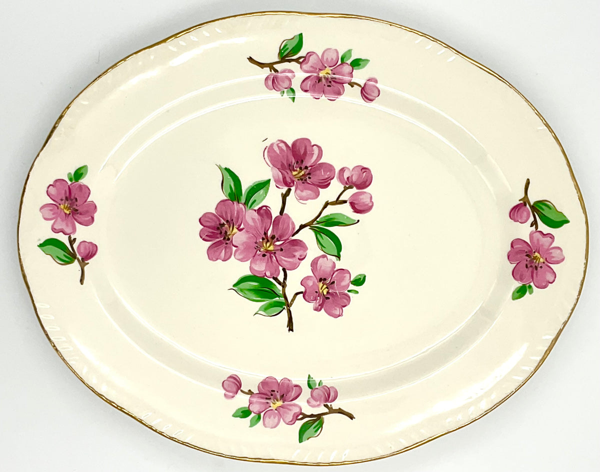 Vintage Homer Laughlin Apple Blossom 12” Oval Serving Platter Pink Floral