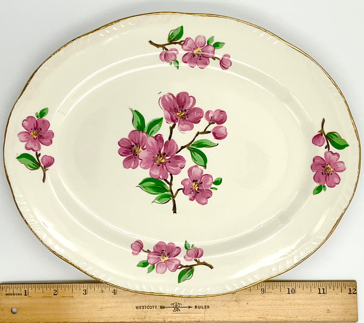 Vintage Homer Laughlin Apple Blossom 12” Oval Serving Platter Pink Floral