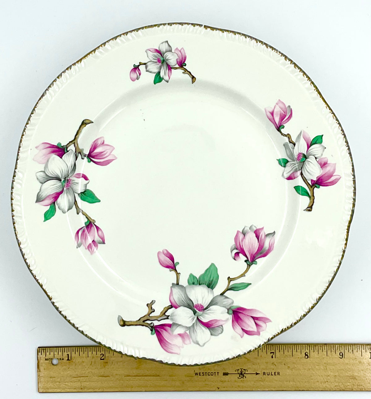 Vintage Homer Laughlin Magnolia Dinner Plate Pink Floral Gold 9”
