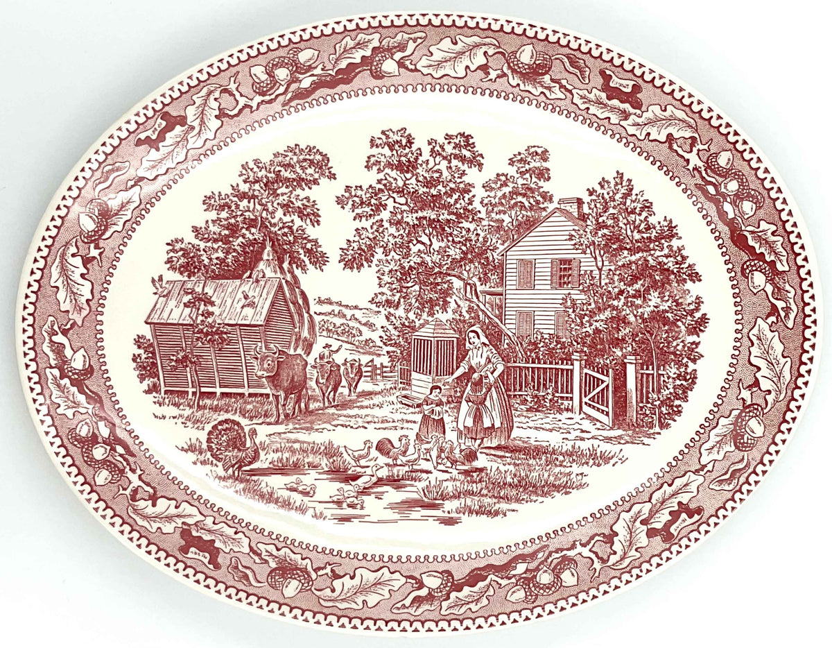 Vintage Royal China Memory Lane Red Transferware Oval Serving Platter