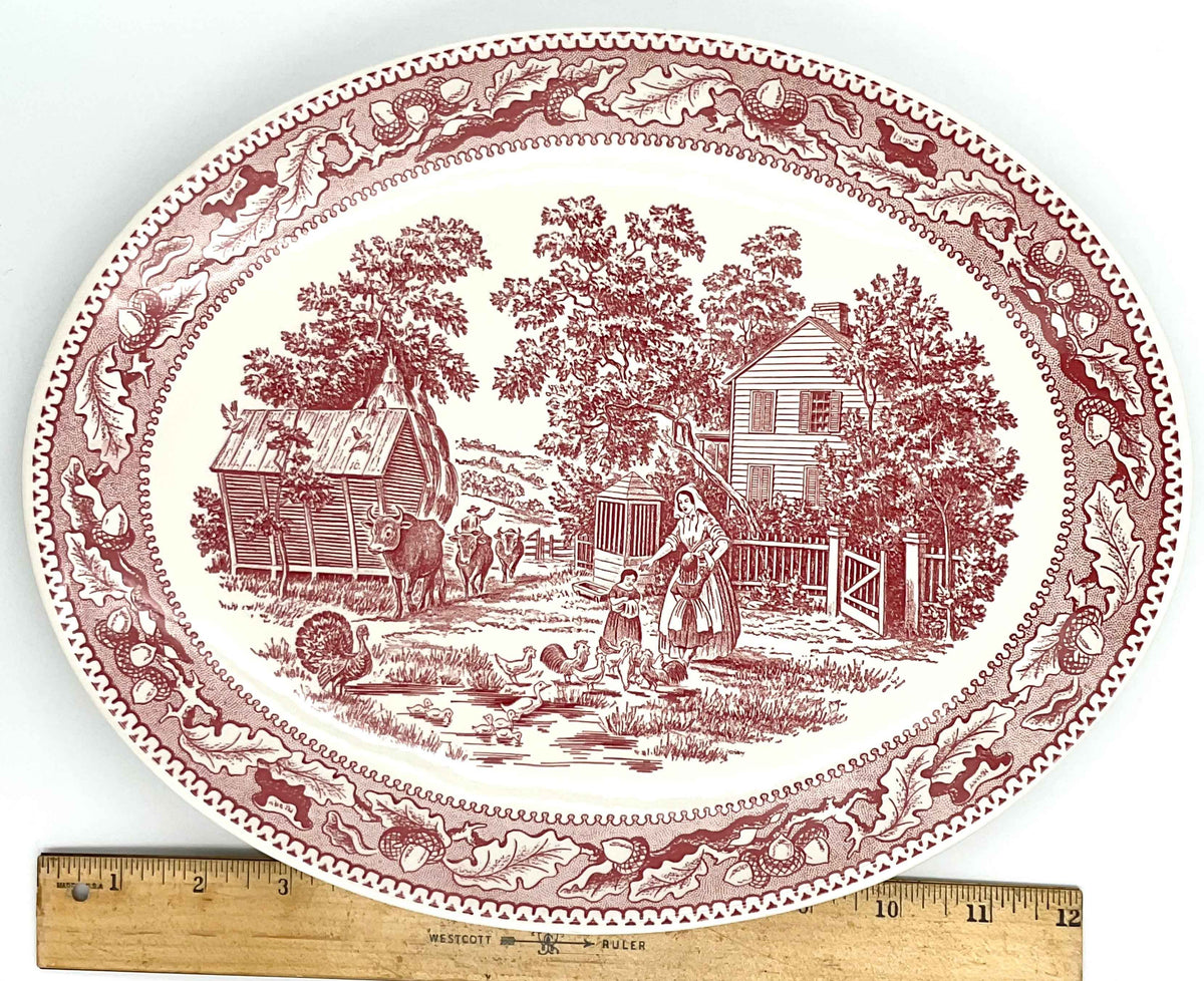 Vintage Royal China Memory Lane Red Transferware Oval Serving Platter