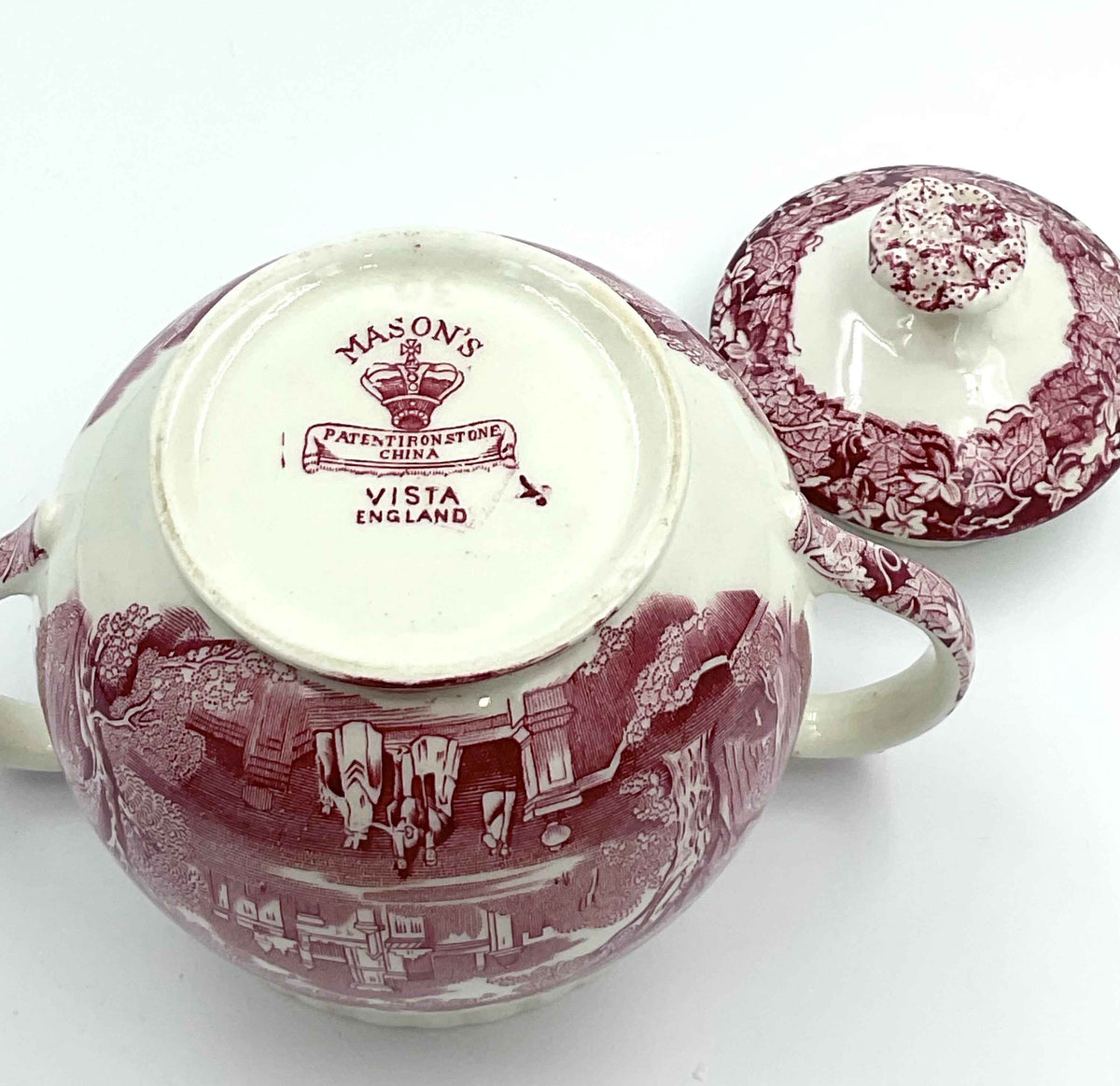 Vintage Mason’s Vista Red Transferware Covered Sugar Bowl – England