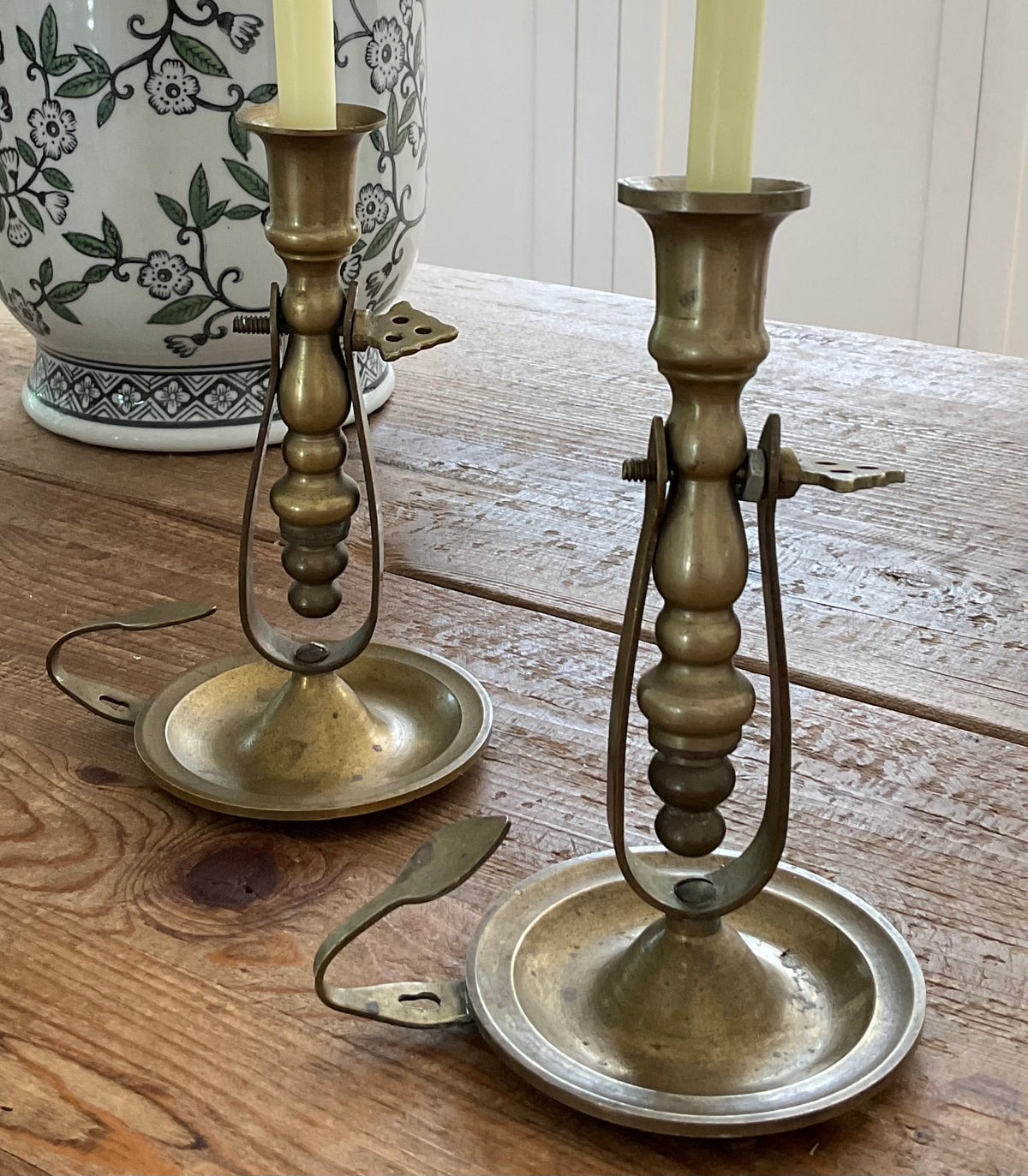 Vintage Brass Rocking Gimbal Chamberstick Candle Holders, Pair