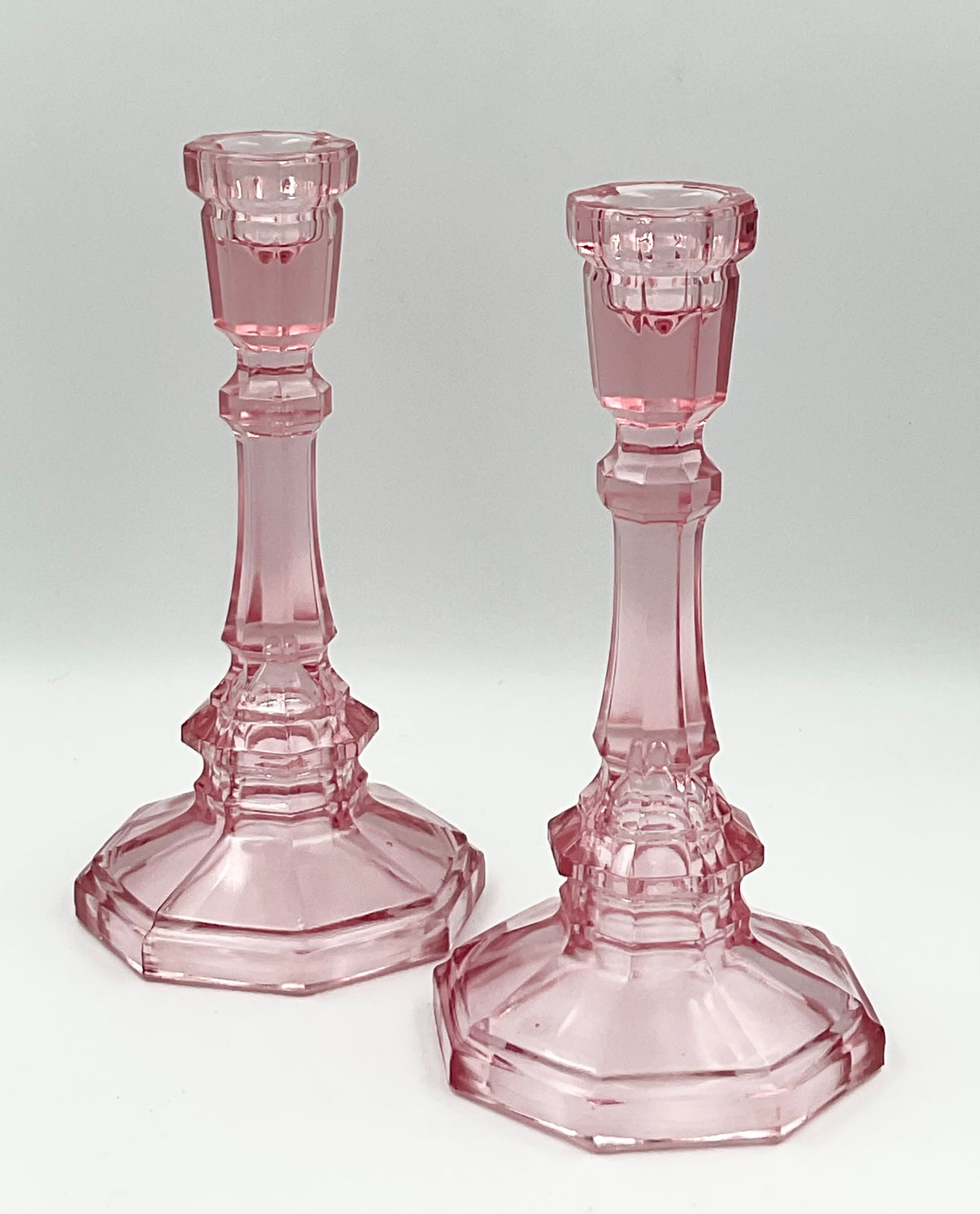 Tall Vintage Pink Pressed Glass Candlesticks – Pair