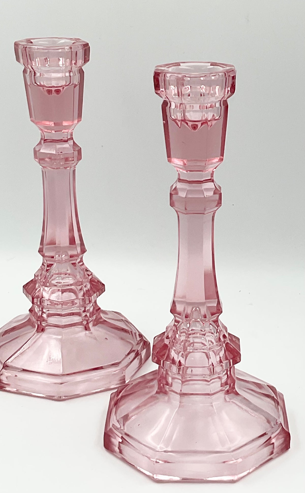 Tall Vintage Pink Pressed Glass Candlesticks – Pair
