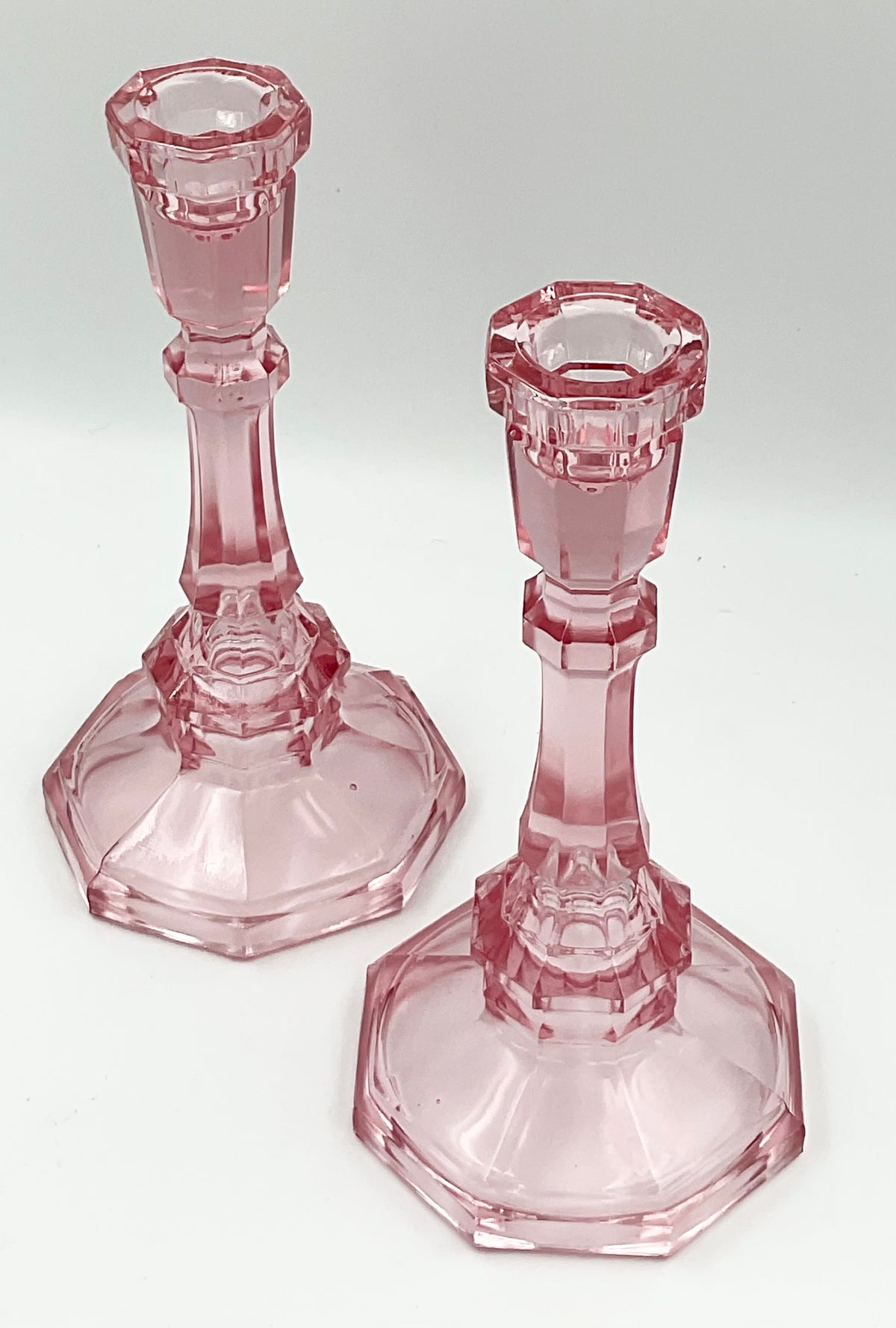 Tall Vintage Pink Pressed Glass Candlesticks – Pair
