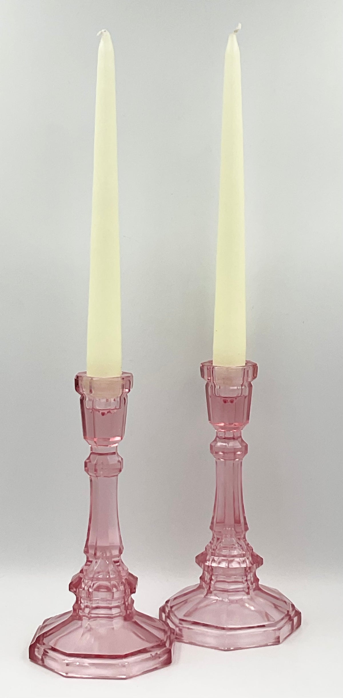 Tall Vintage Pink Pressed Glass Candlesticks – Pair