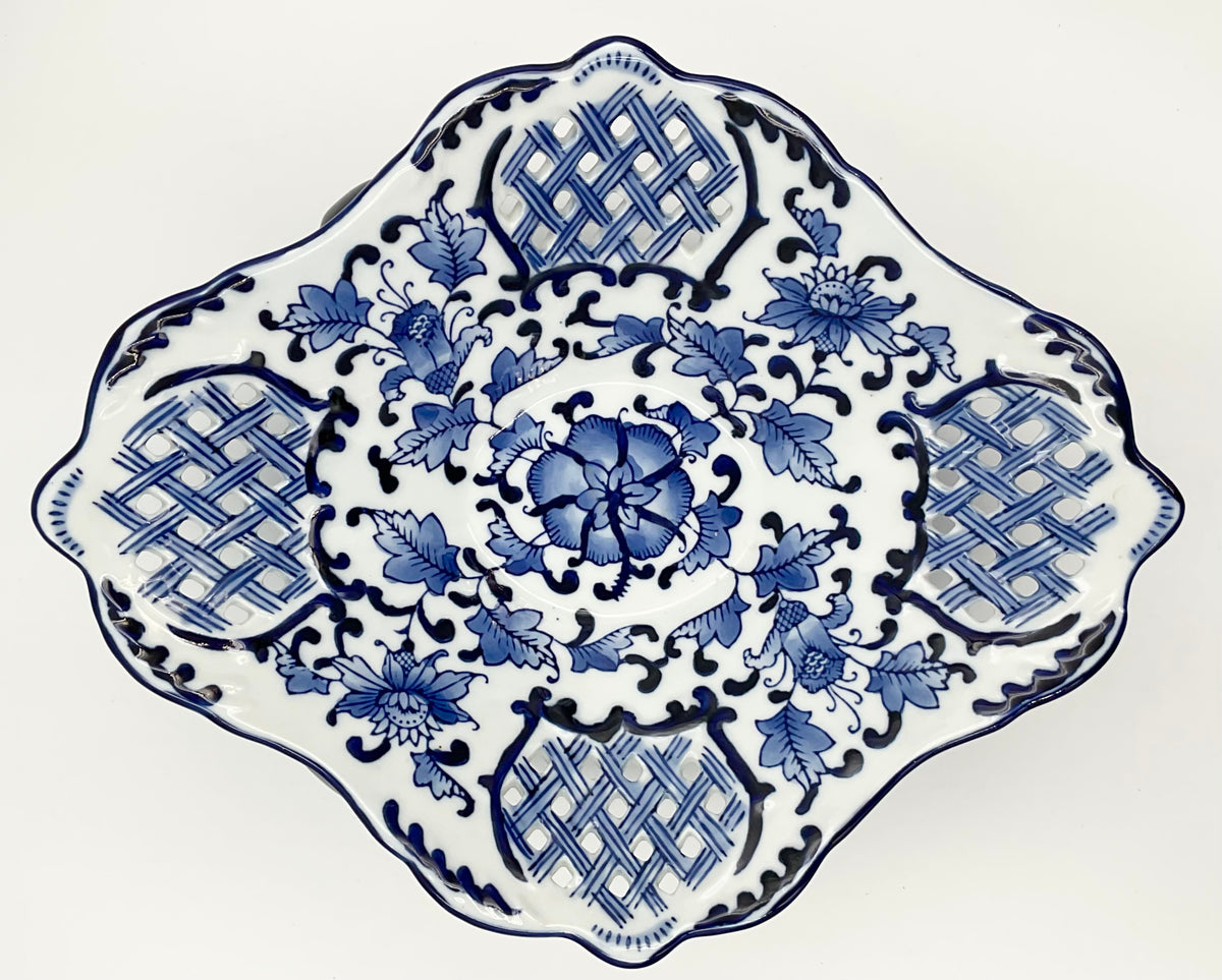 Vintage Blue & White Porcelain Footed Bowl Pierced Floral Centerpiece