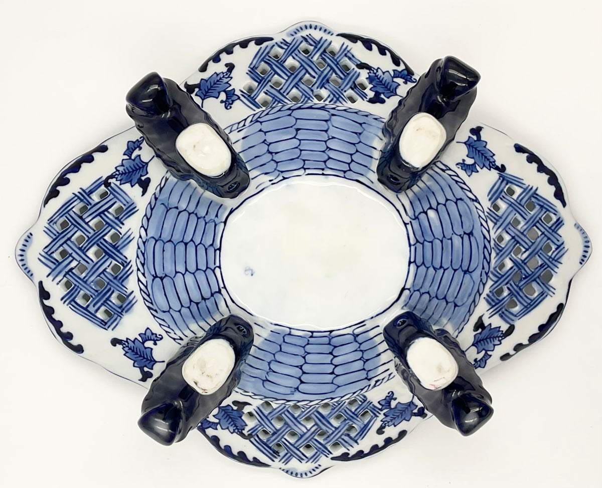 Vintage Blue & White Porcelain Footed Bowl Pierced Floral Centerpiece