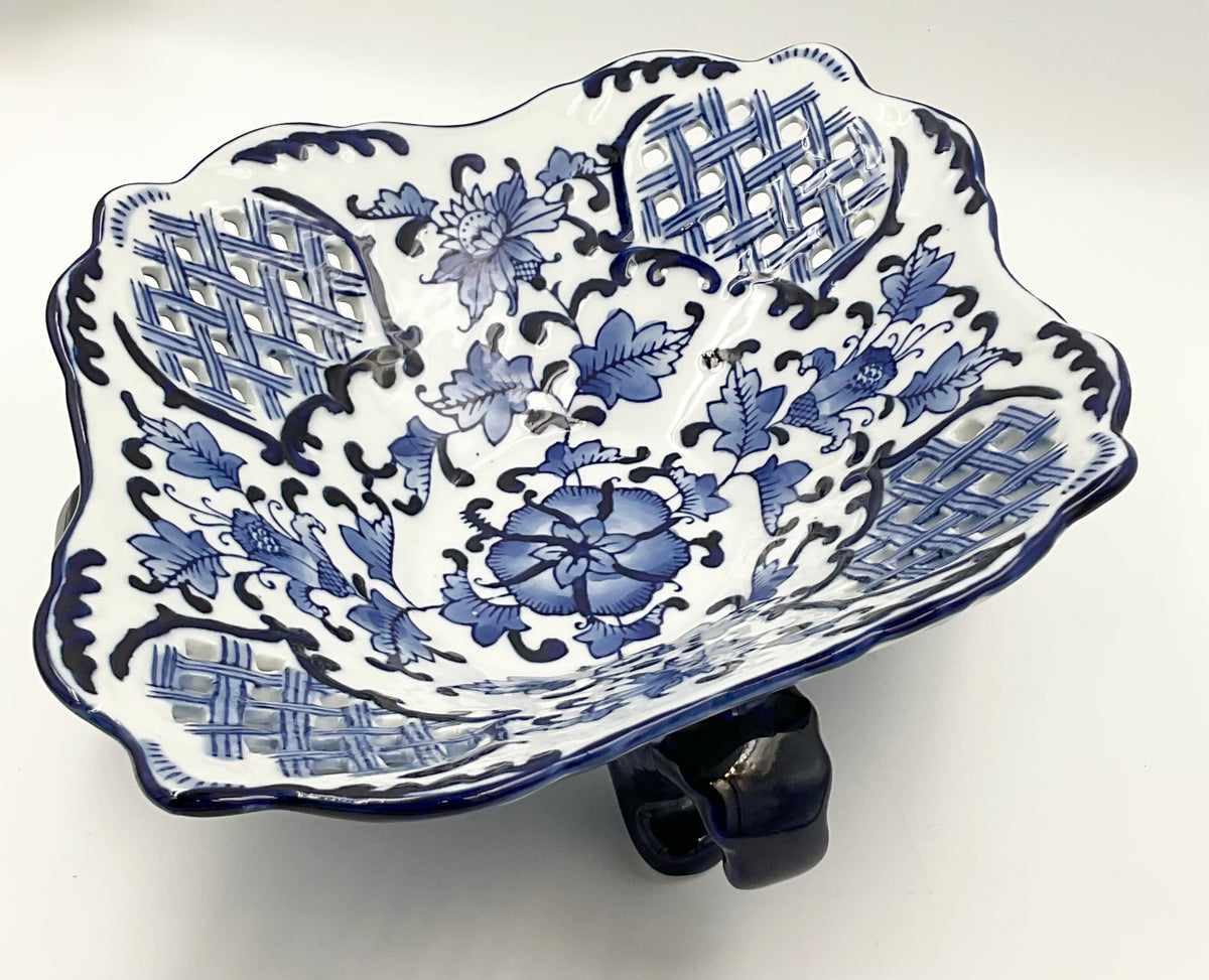 Vintage Blue & White Porcelain Footed Bowl Pierced Floral Centerpiece