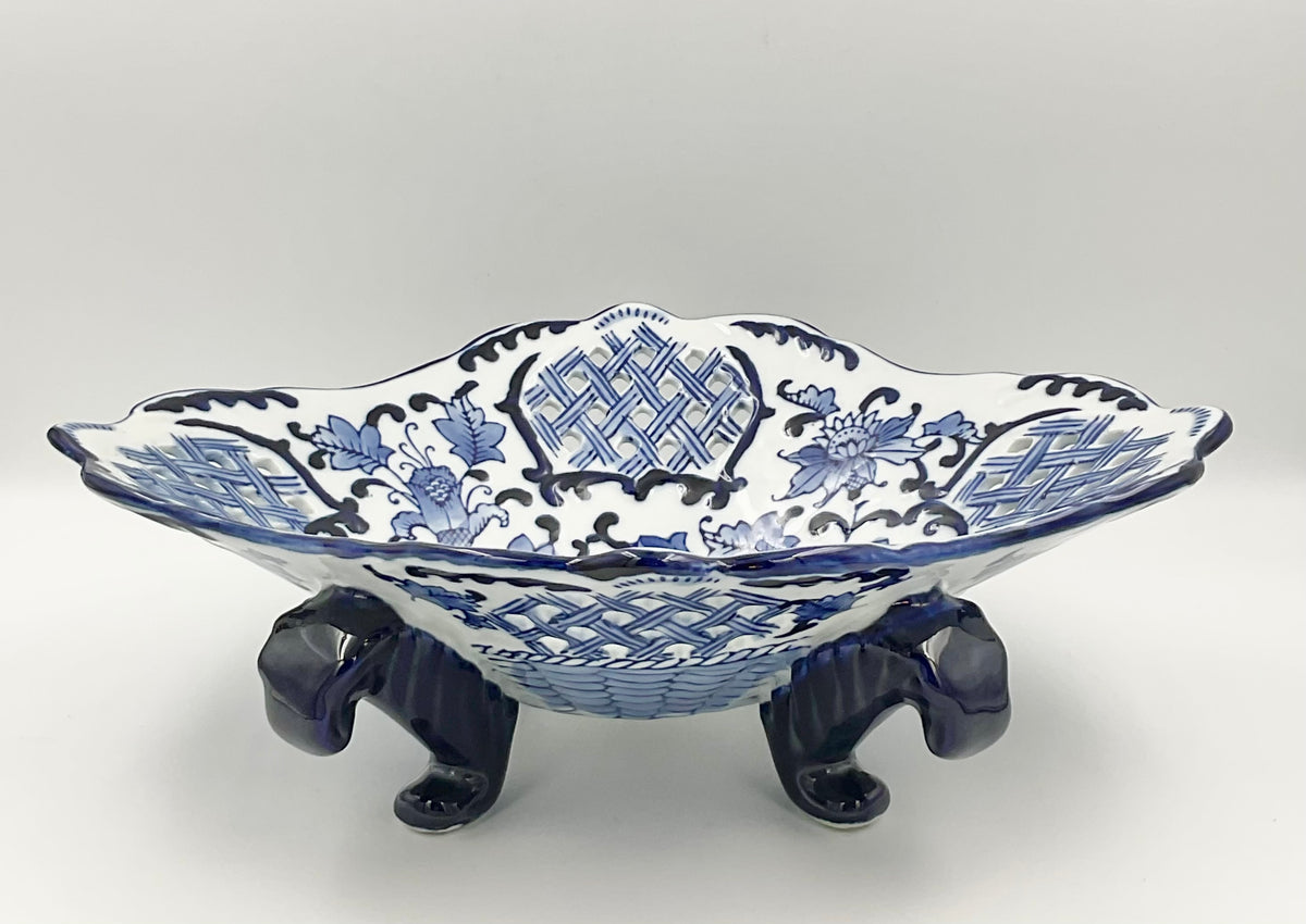 Vintage Blue & White Porcelain Footed Bowl Pierced Floral Centerpiece