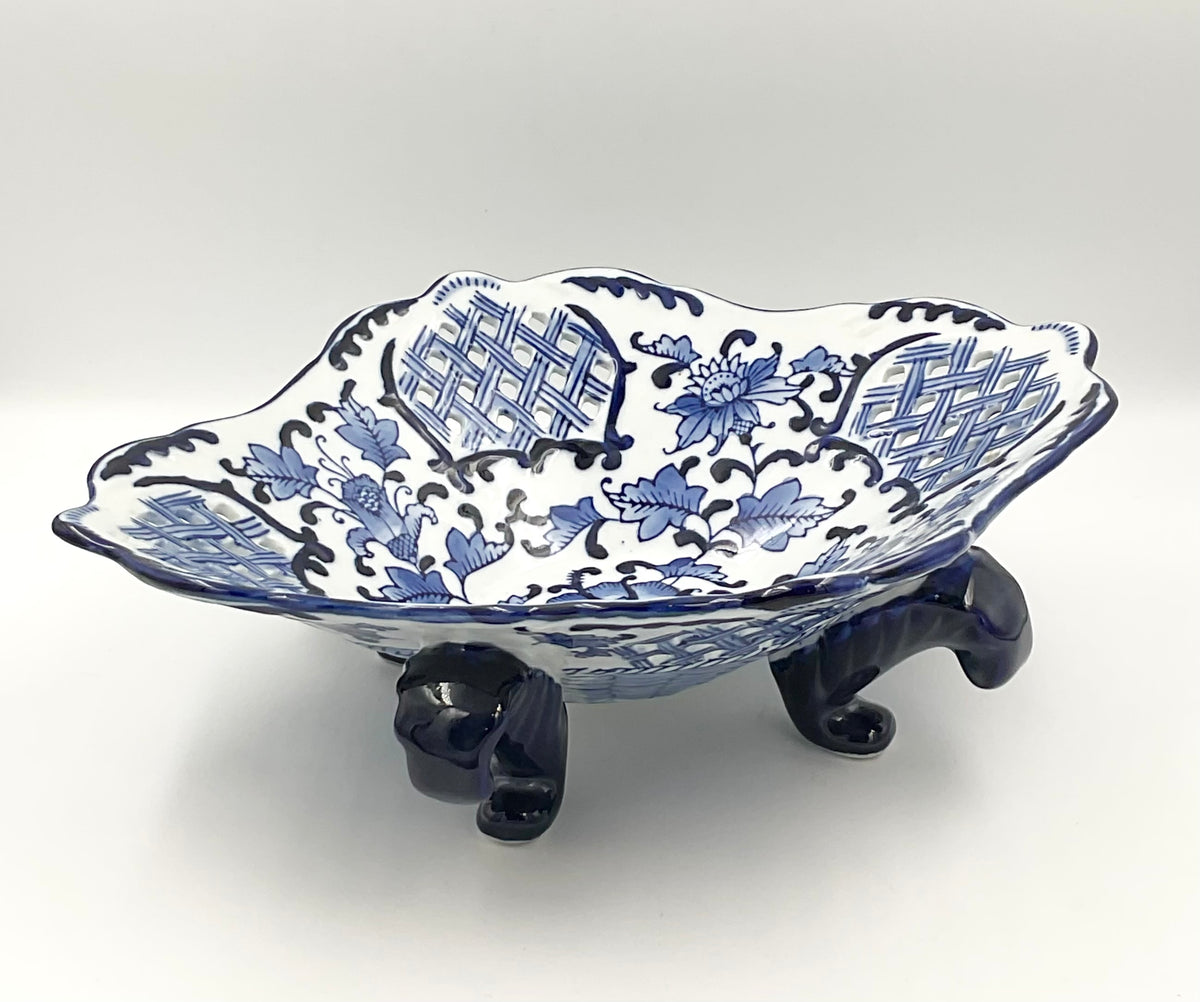 Vintage Blue & White Porcelain Footed Bowl Pierced Floral Centerpiece