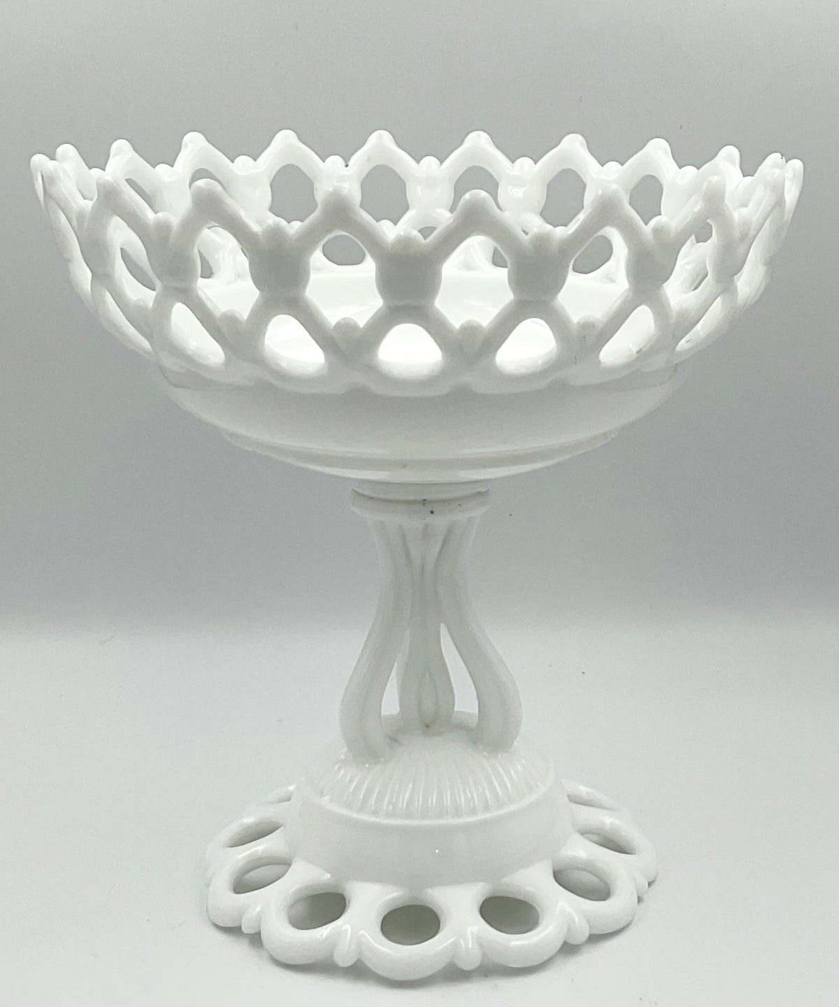 Vintage White Milk Glass Openwork Pedestal Bowl