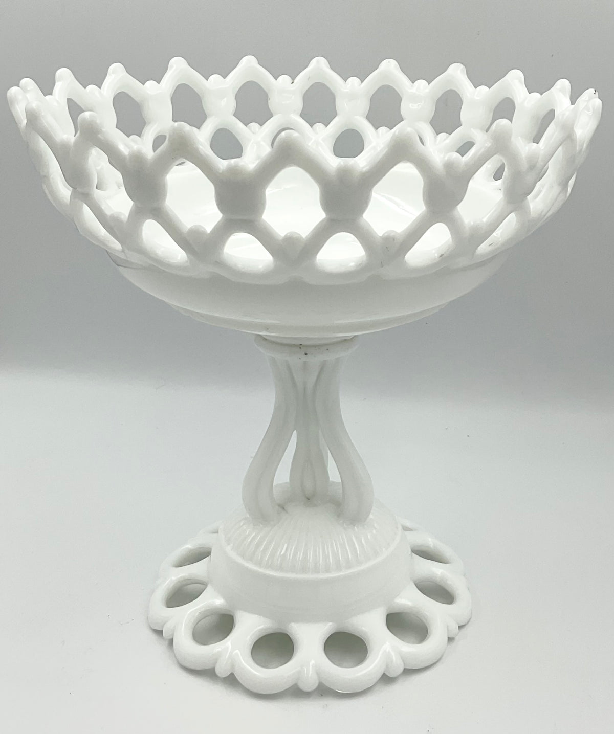Vintage White Milk Glass Openwork Pedestal Bowl