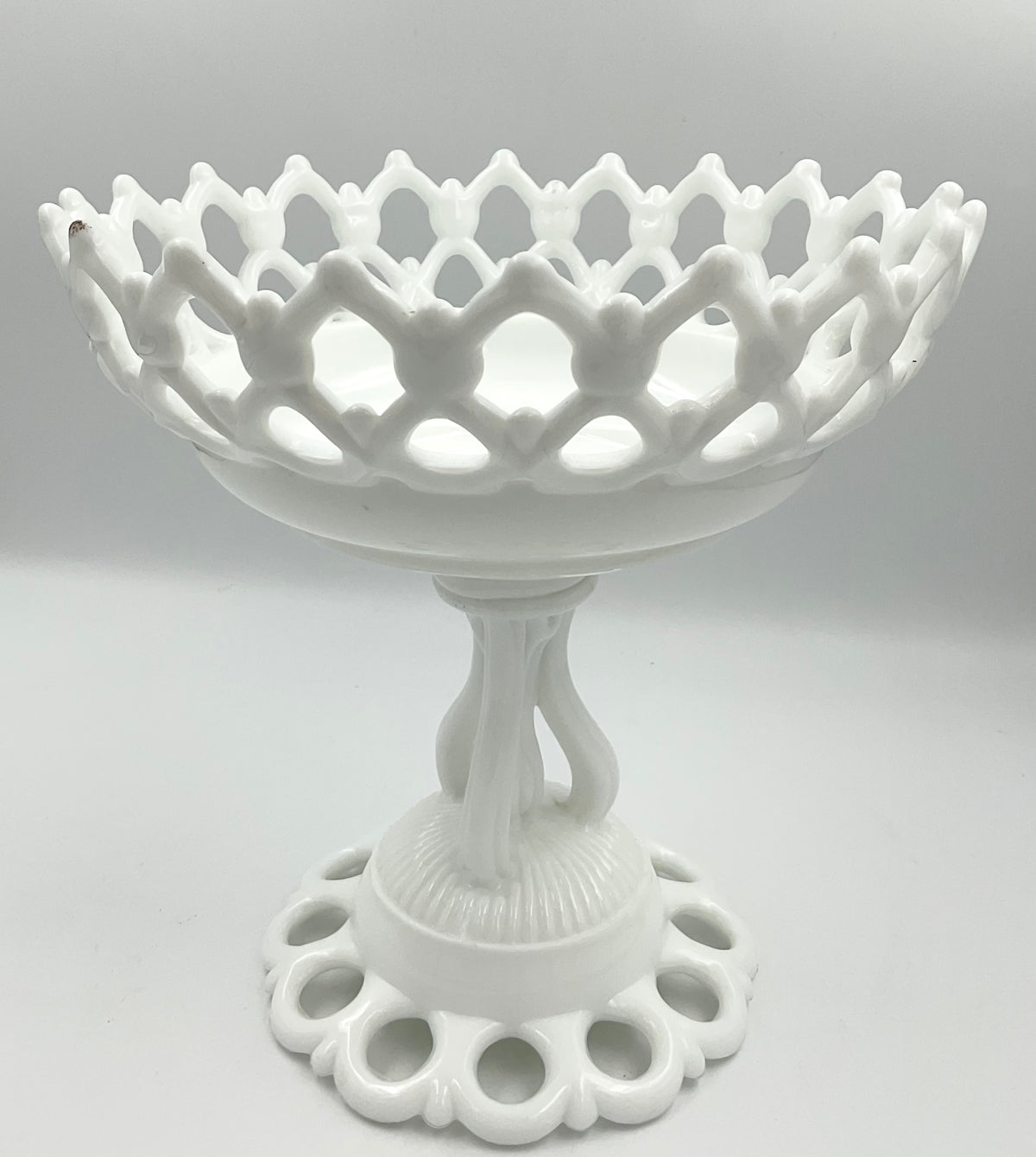 Vintage White Milk Glass Openwork Pedestal Bowl
