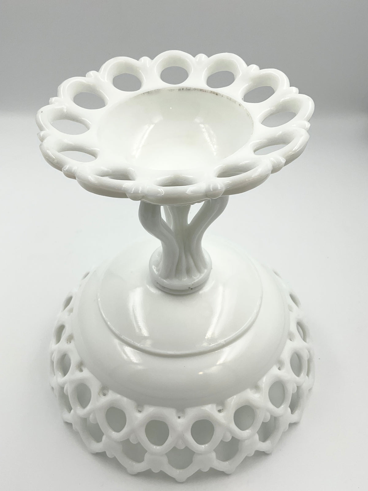 Vintage White Milk Glass Openwork Pedestal Bowl