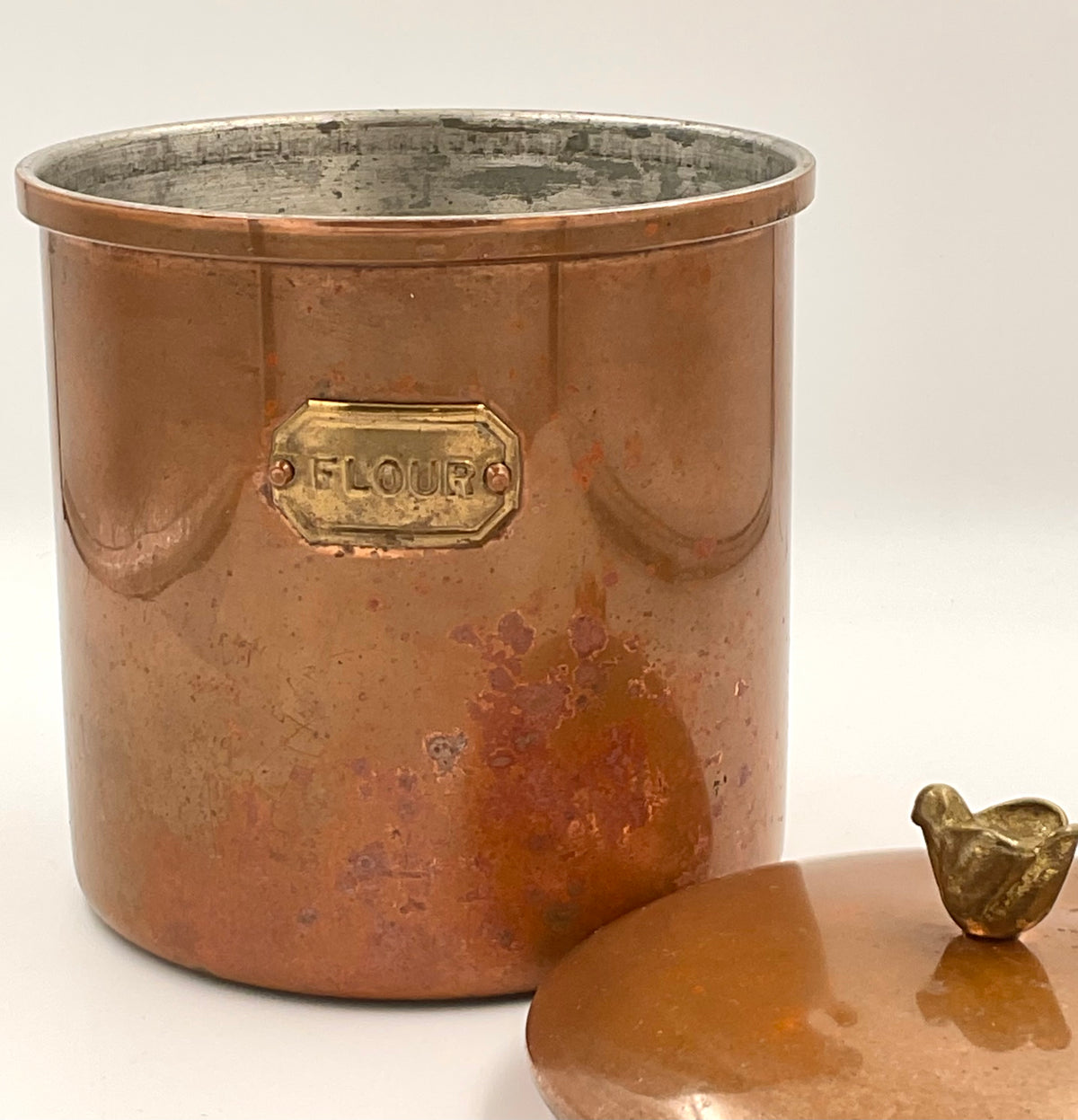 Vintage Copper Flour Canister with Brass Bird Knob