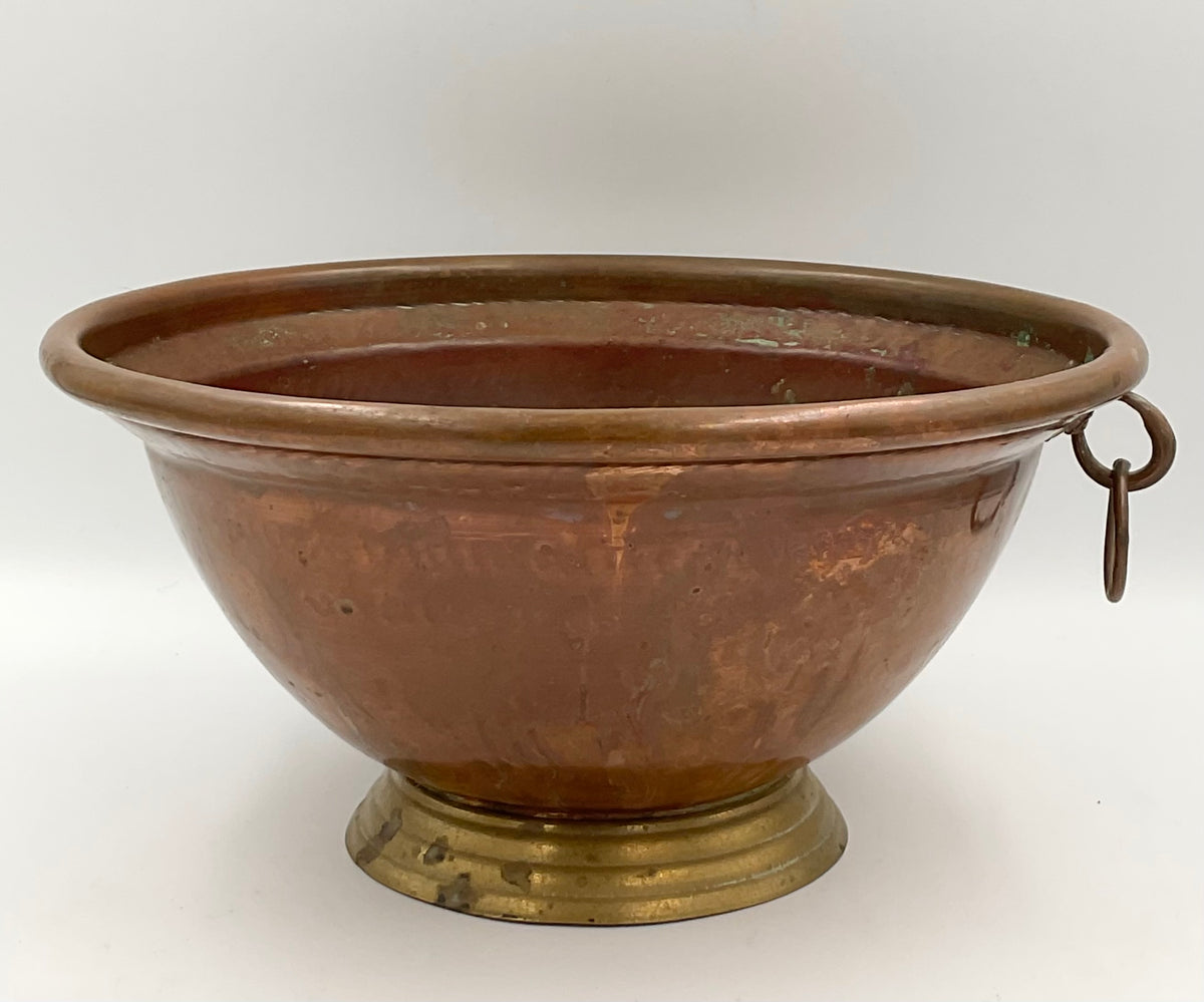 Vintage Italian Hammered Copper Footed Bowl with Brass Ring Handles