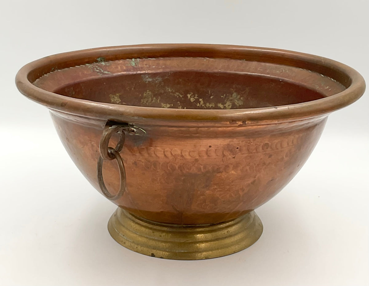 Vintage Italian Hammered Copper Footed Bowl with Brass Ring Handles