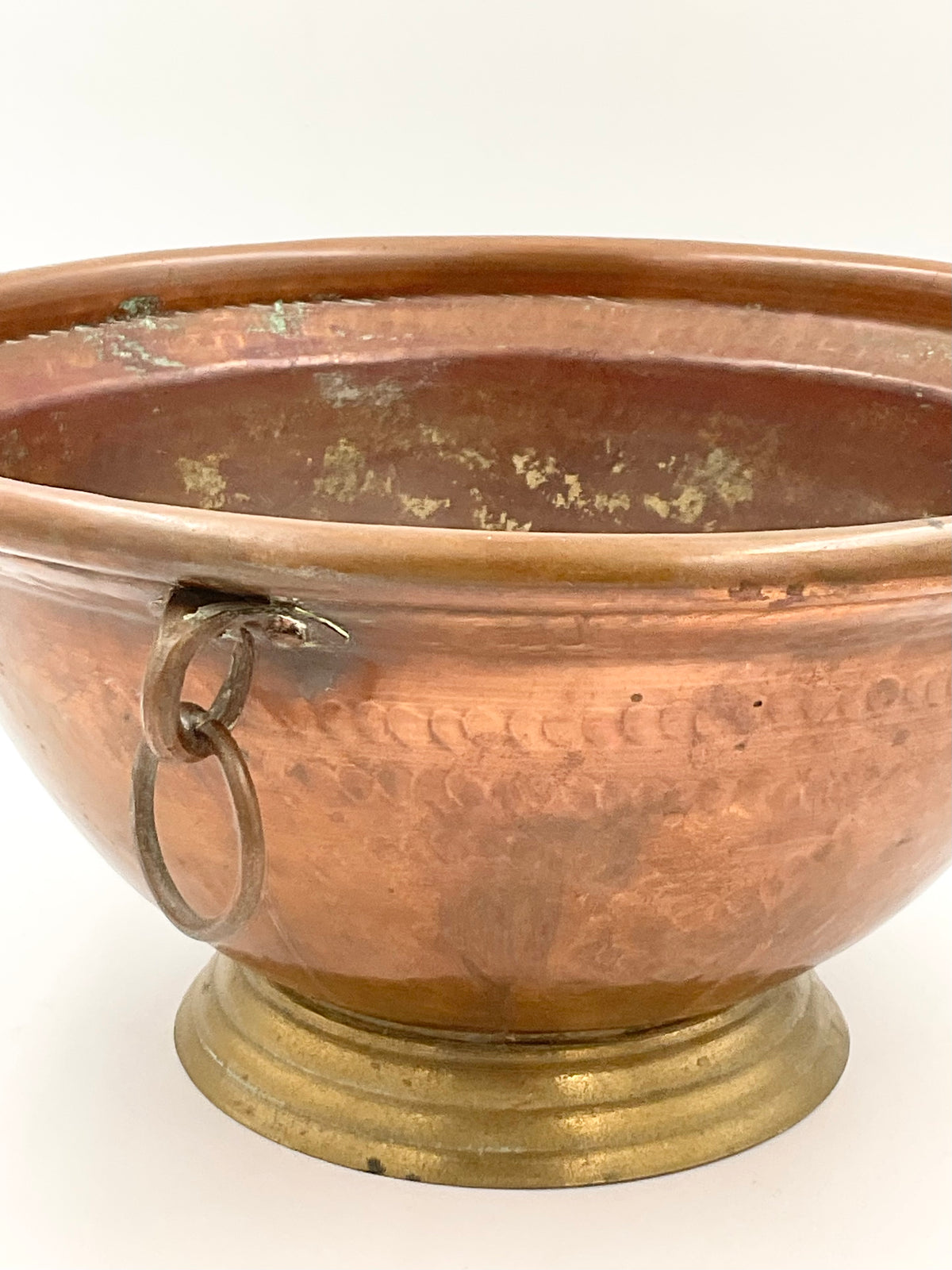 Vintage Italian Hammered Copper Footed Bowl with Brass Ring Handles