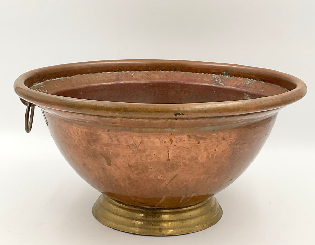 Vintage Italian Hammered Copper Footed Bowl with Brass Ring Handles