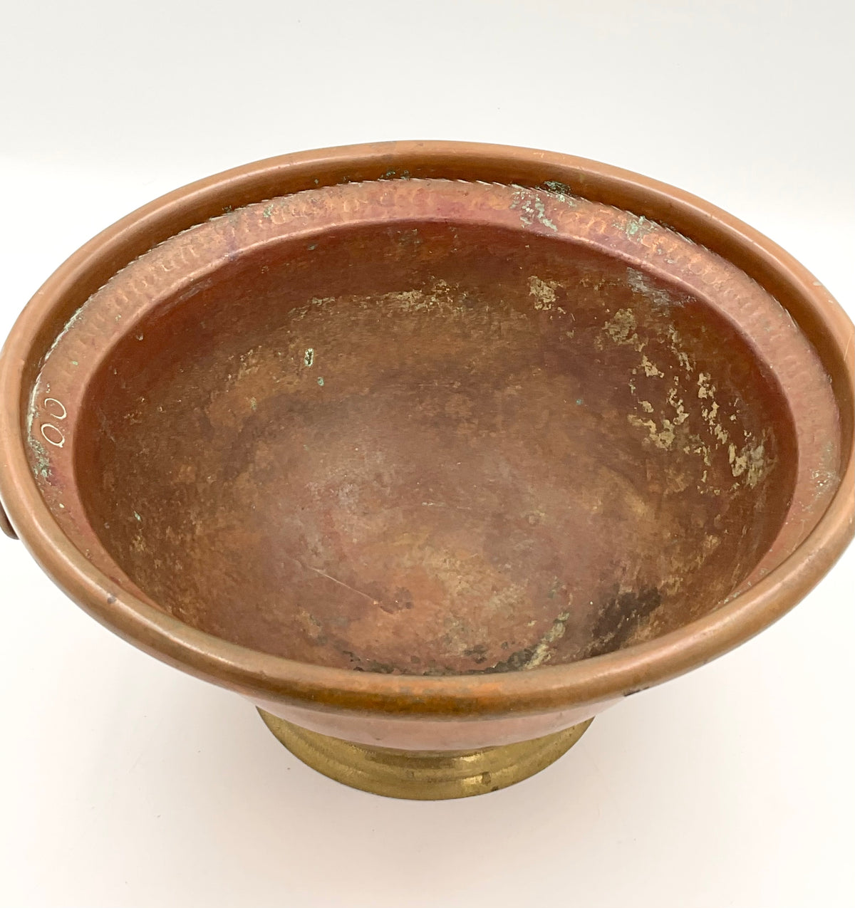 Vintage Italian Hammered Copper Footed Bowl with Brass Ring Handles