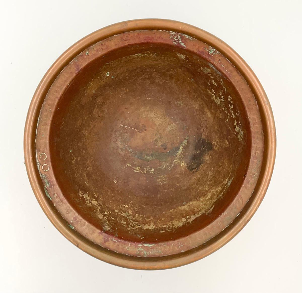 Vintage Italian Hammered Copper Footed Bowl with Brass Ring Handles