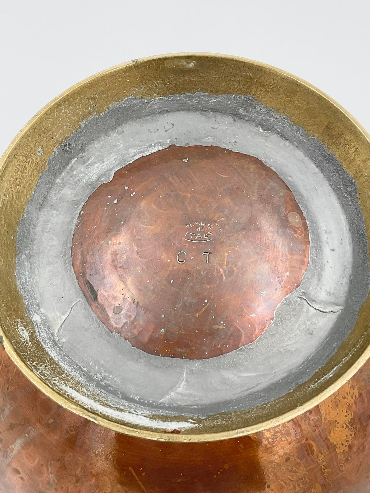 Vintage Italian Hammered Copper Footed Bowl with Brass Ring Handles