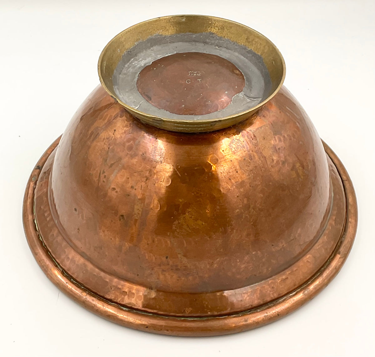 Vintage Italian Hammered Copper Footed Bowl with Brass Ring Handles