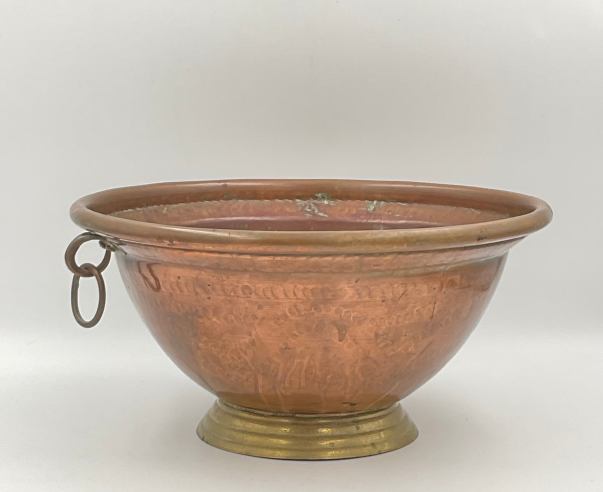 Vintage Italian Hammered Copper Footed Bowl with Brass Ring Handles