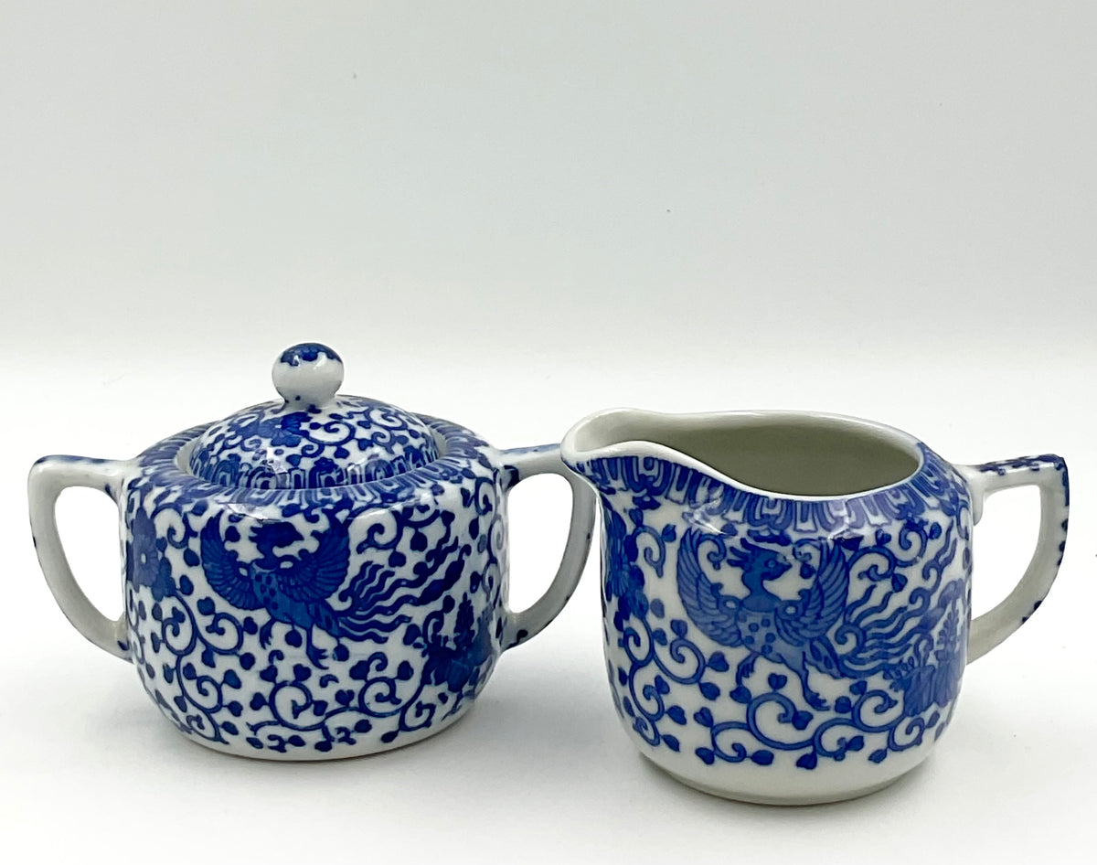 Vintage Japanese Blue & White Phoenix Sugar Bowl & Creamer Set