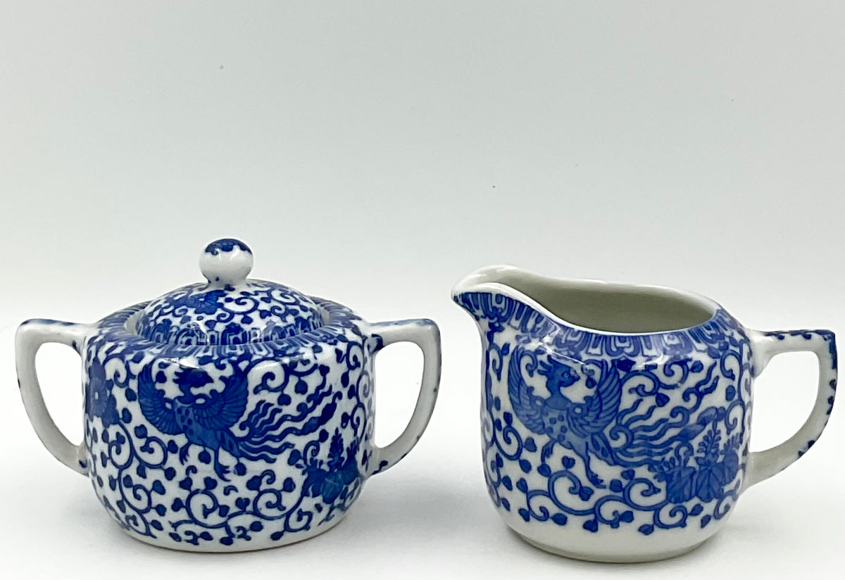 Vintage Japanese Blue & White Phoenix Sugar Bowl & Creamer Set