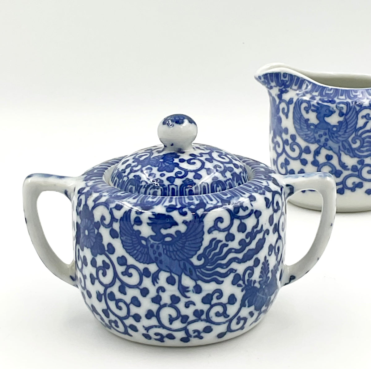 Vintage Japanese Blue & White Phoenix Sugar Bowl & Creamer Set
