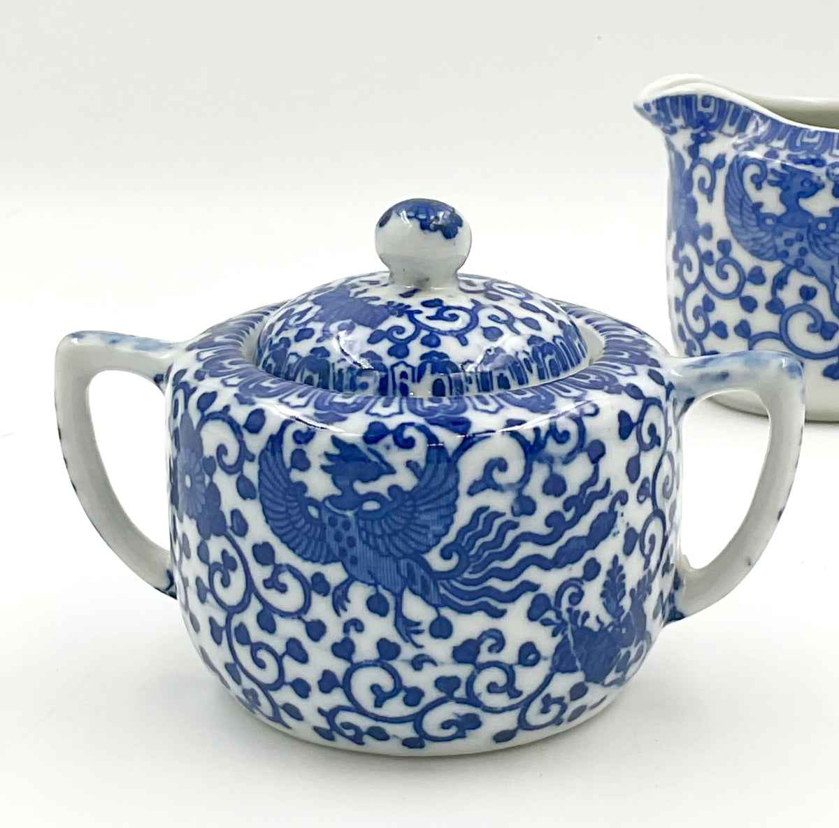 Vintage Japanese Blue & White Phoenix Sugar Bowl & Creamer Set